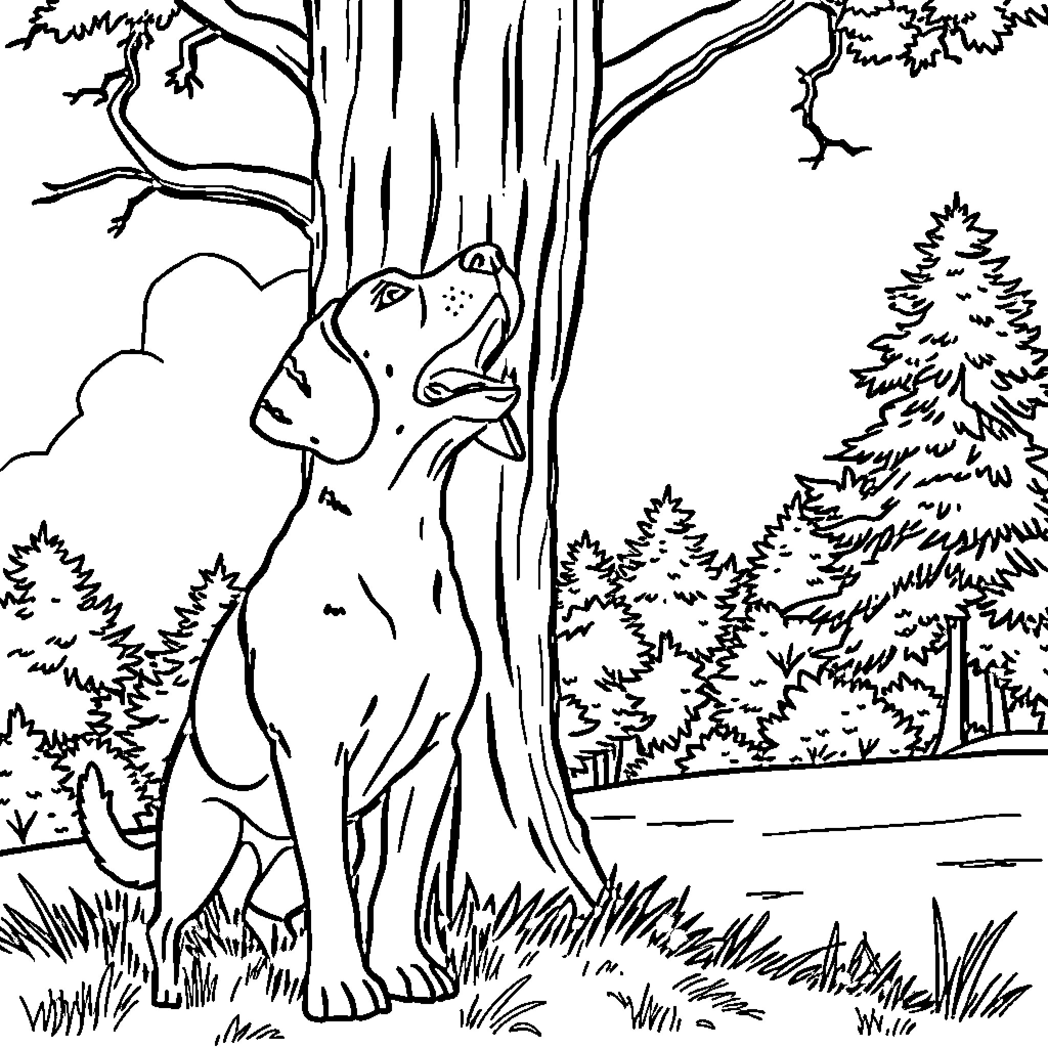 Beagle peeking out from behind a tree trunk Coloring Page (free black-and-white line drawing printable PDF for all, from beginners to advanced learners, including children, teens, adults, and seniors)