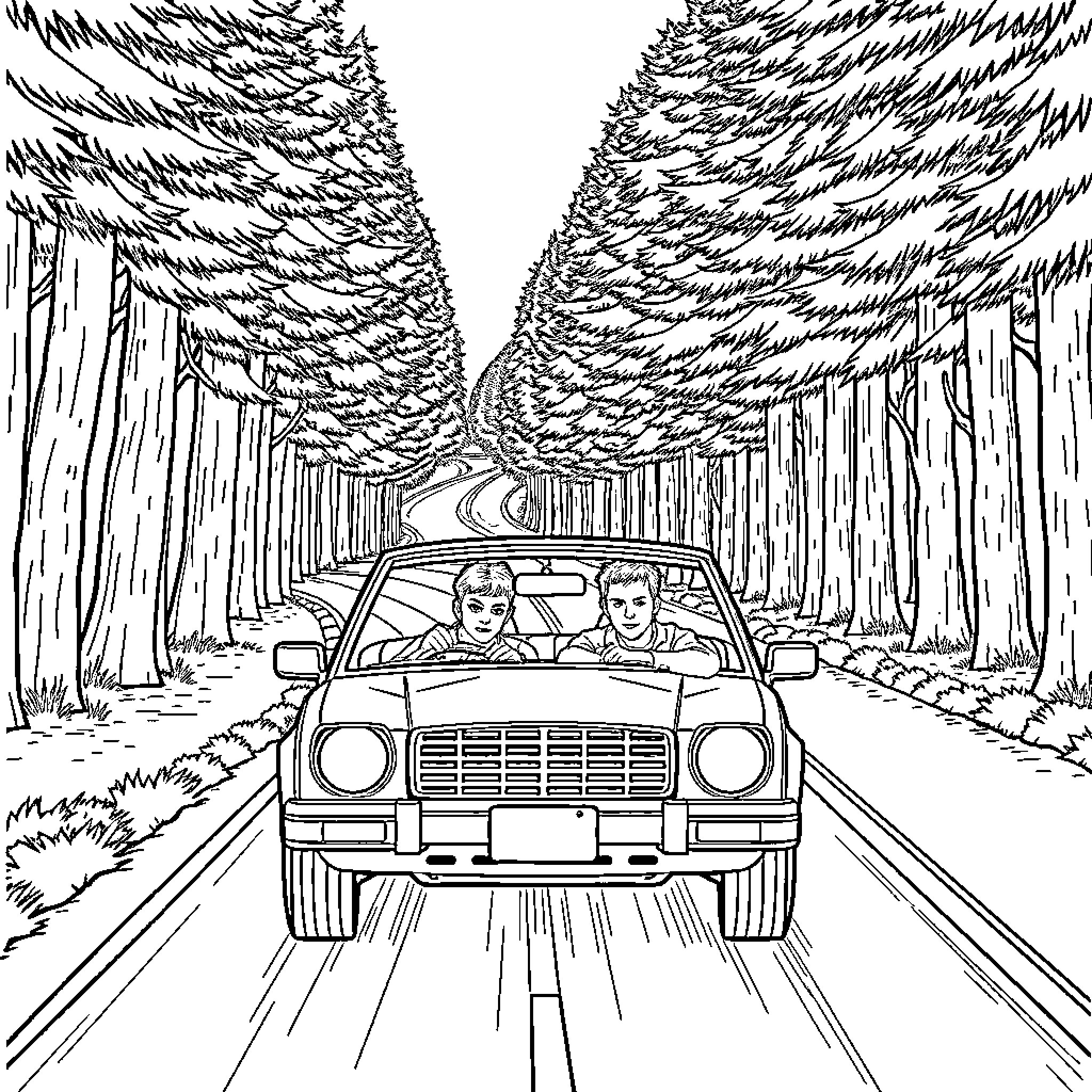Brother's Road Trip through the Forest Coloring Page (free black-and-white line drawing printable PDF for all, from beginners to advanced learners, including children, teens, adults, and seniors)