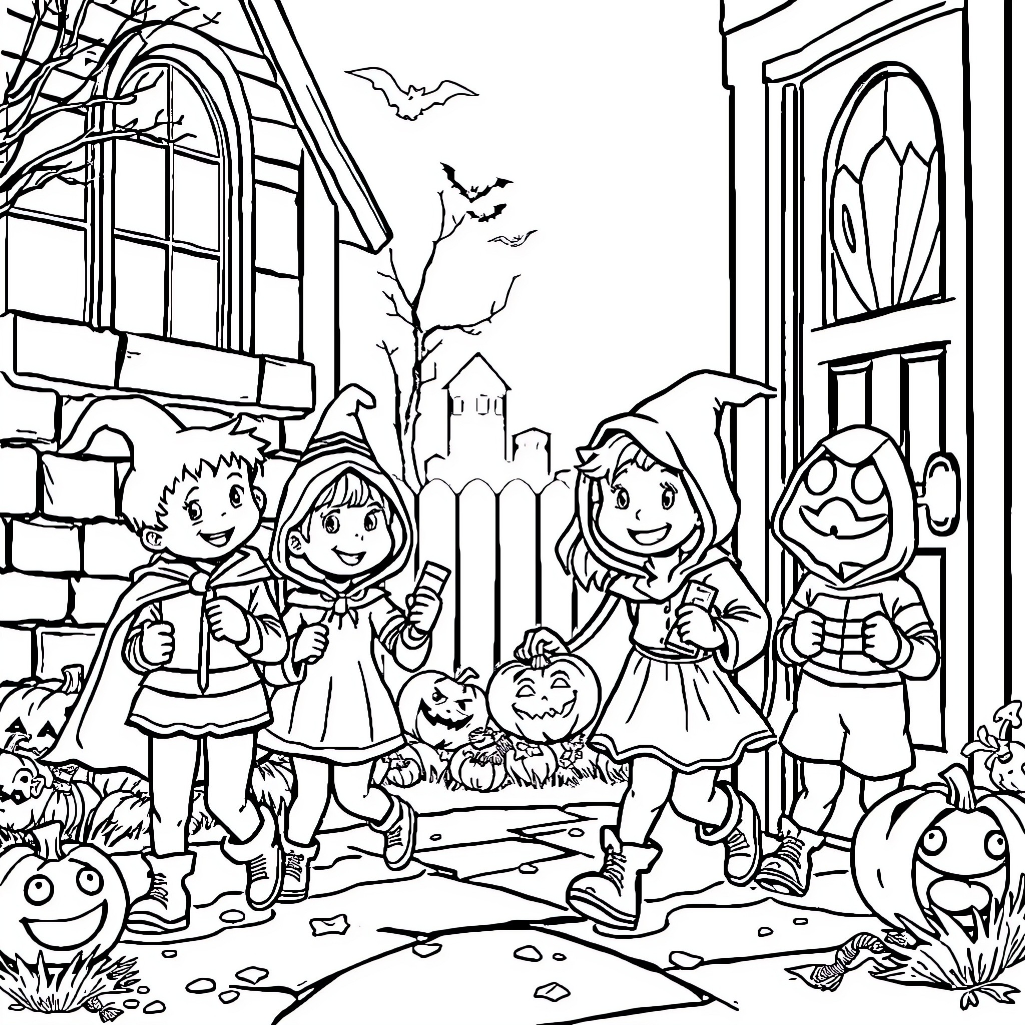 Kid Dressed in Halloween Costumes Trick-or-Treating Coloring Page (free black-and-white line drawing printable PDF for all, from beginners to advanced learners, including children, teens, adults, and seniors)
