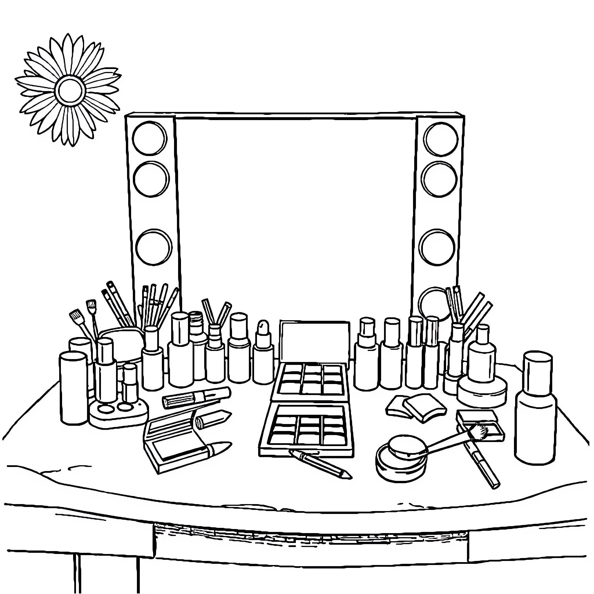 Makeup vanity with cosmetic tools and accessories Coloring Page (free black-and-white line drawing printable PDF for all, from beginners to advanced learners, including children, teens, adults, and seniors)