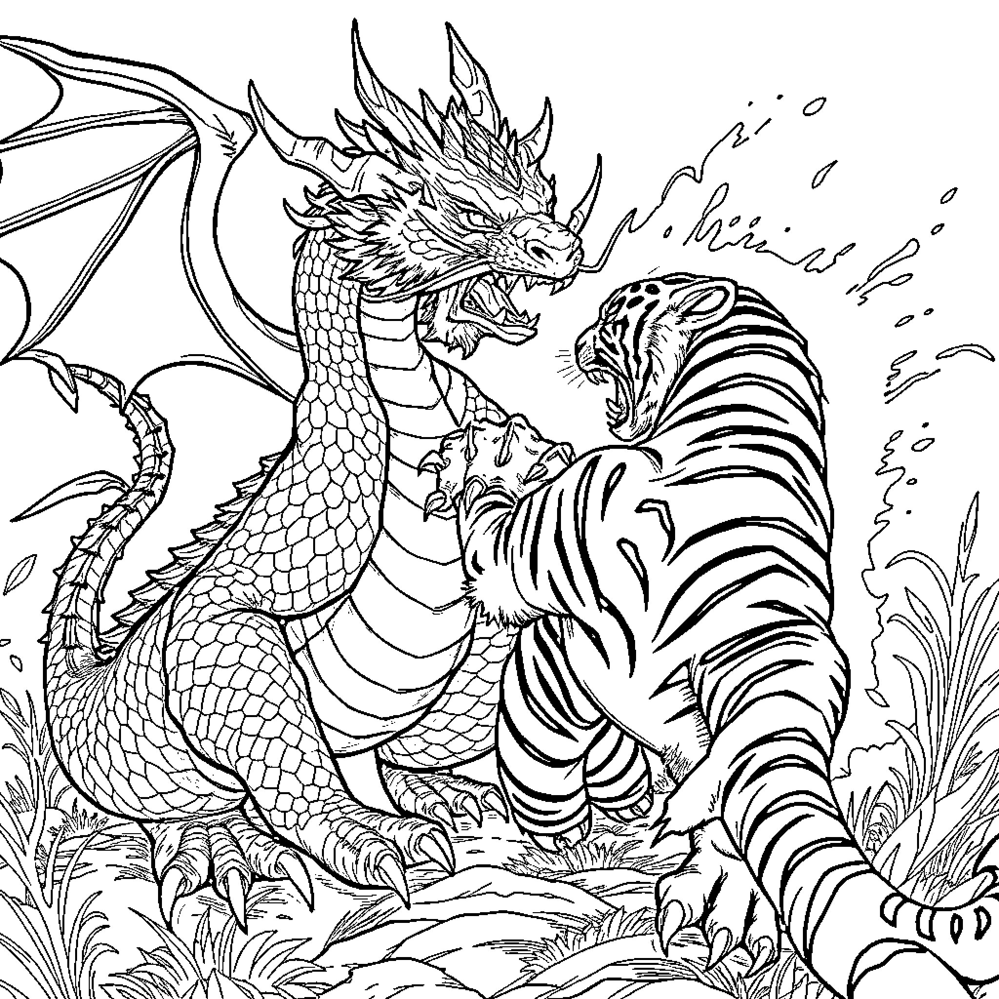 Dragon Engaging in Fierce Battle with Fierce Tiger Coloring Page (free black-and-white line drawing printable PDF for all, from beginners to advanced learners, including children, teens, adults, and seniors)