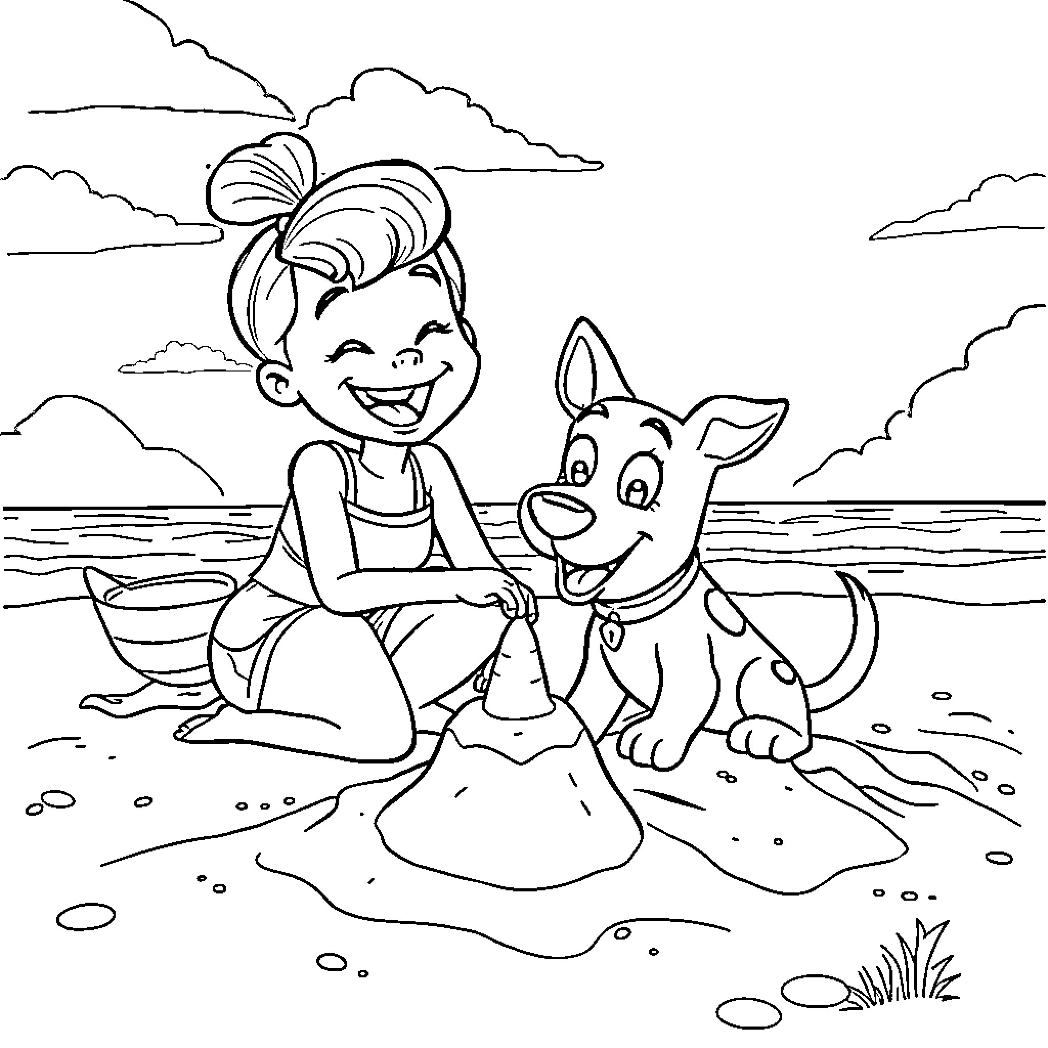 Gabby playing with her dog on the beach Coloring Page (free black-and-white line drawing printable PDF for all, from beginners to advanced learners, including children, teens, adults, and seniors)