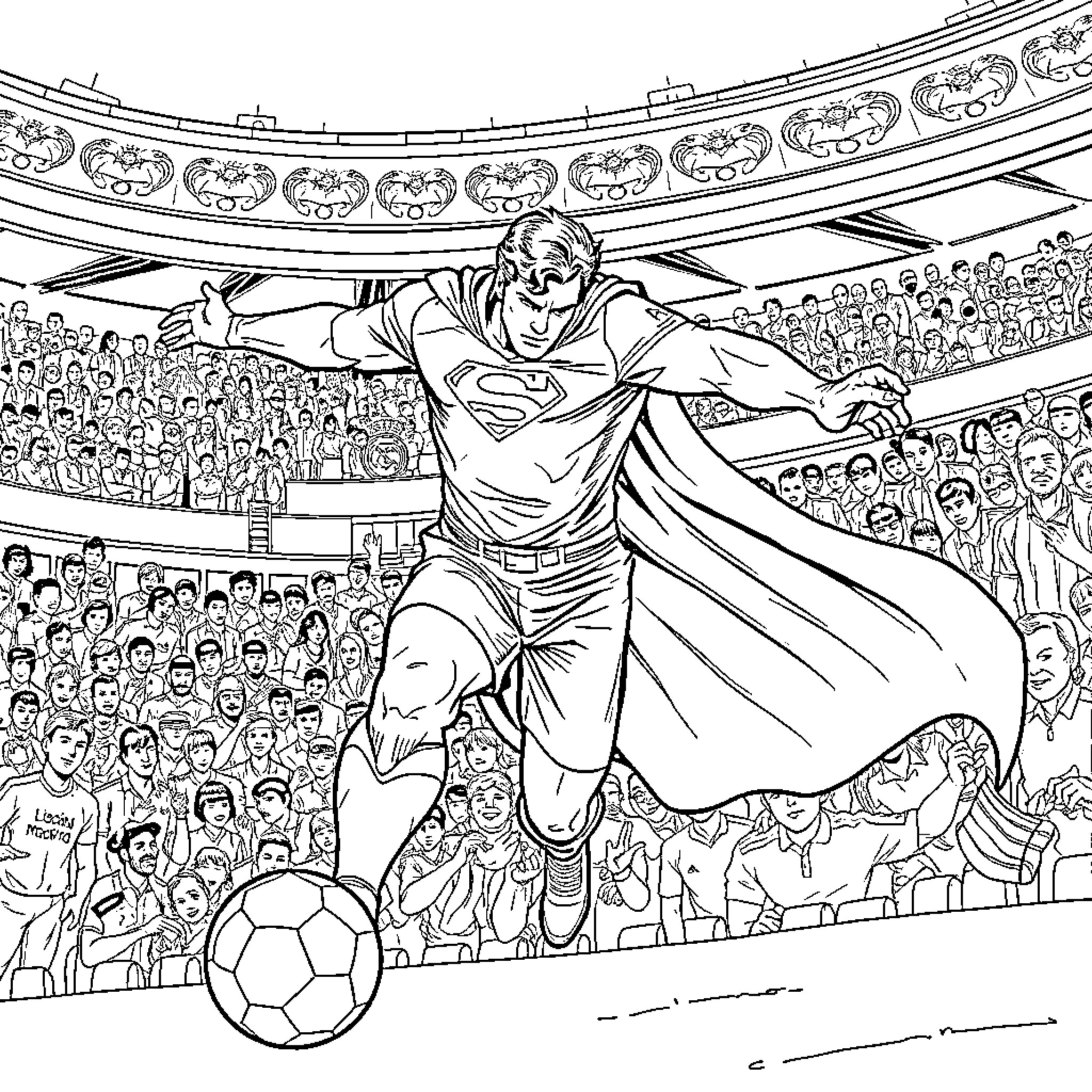 Superman's Heroic Soccer Showdown in the Stadium Coloring Page (free black-and-white line drawing printable PDF for all, from beginners to advanced learners, including children, teens, adults, and seniors)