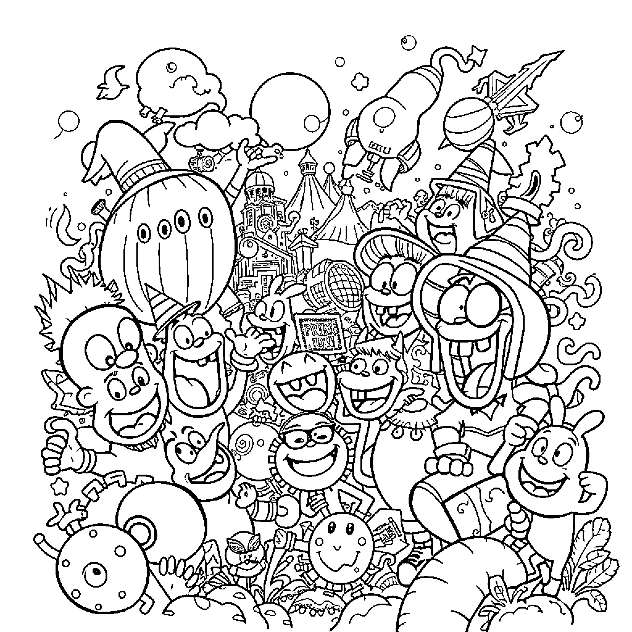 Cartoon Whimsical and Eccentric Characters in Fantastical Scene Coloring Page (free black-and-white line drawing printable PDF for all, from beginners to advanced learners, including children, teens, adults, and seniors)