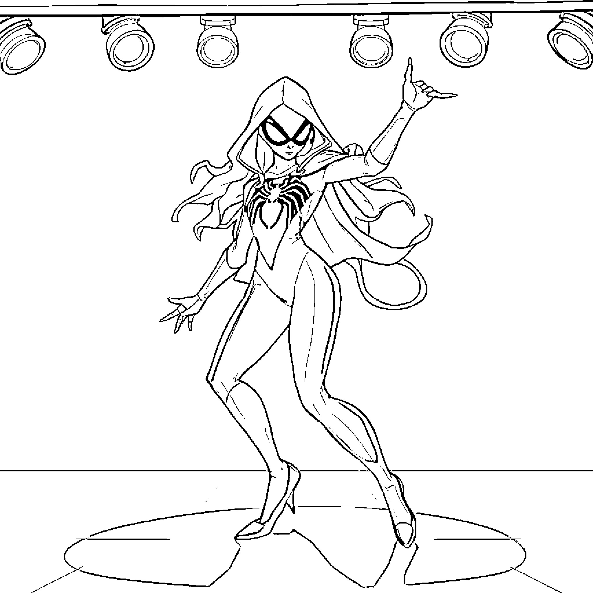 Spider Gwen on stage performing Coloring Page (free black-and-white line drawing printable PDF for all, from beginners to advanced learners, including children, teens, adults, and seniors)