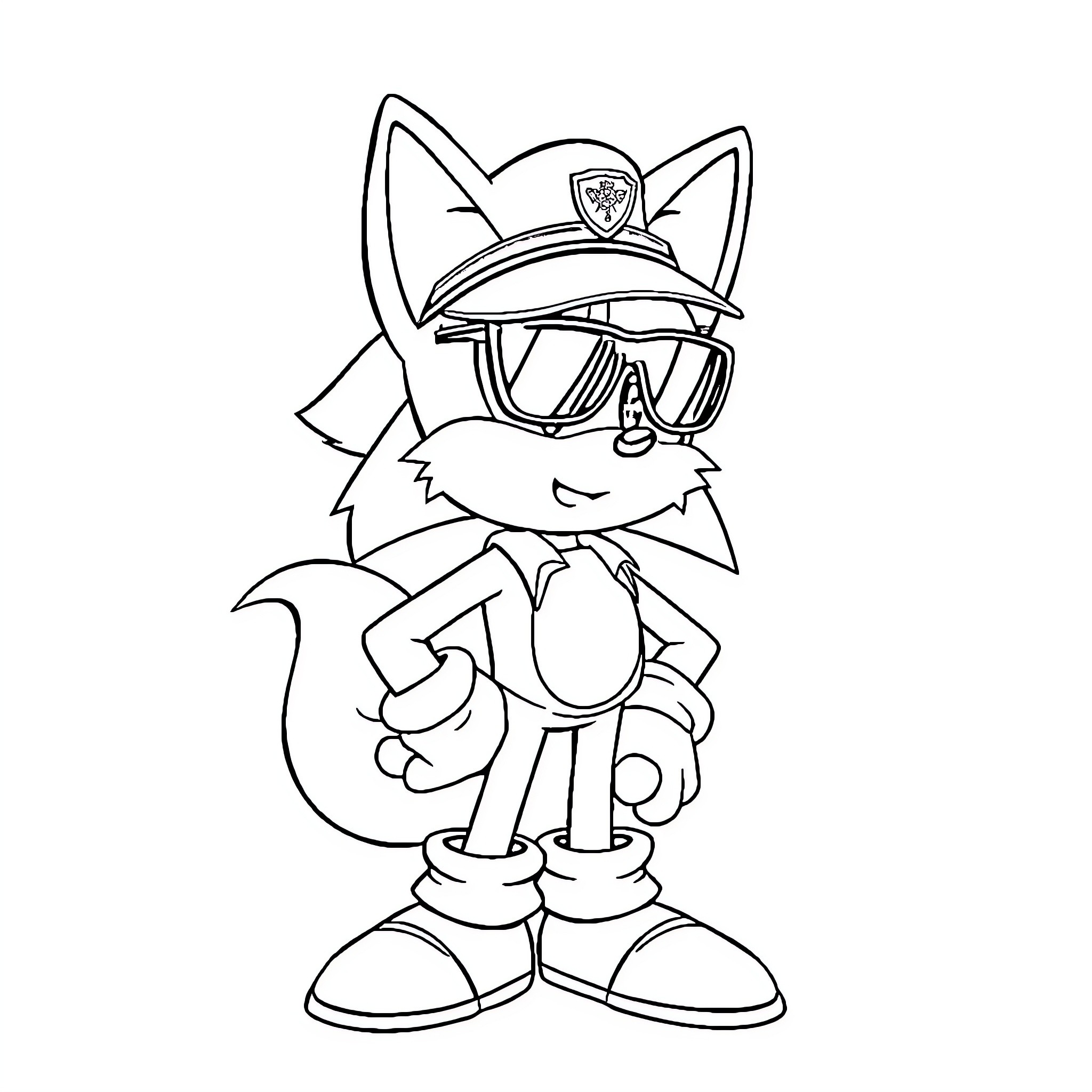 Tails the Cop Cartoon Character Coloring Page (free black-and-white line drawing printable PDF for all, from beginners to advanced learners, including children, teens, adults, and seniors)
