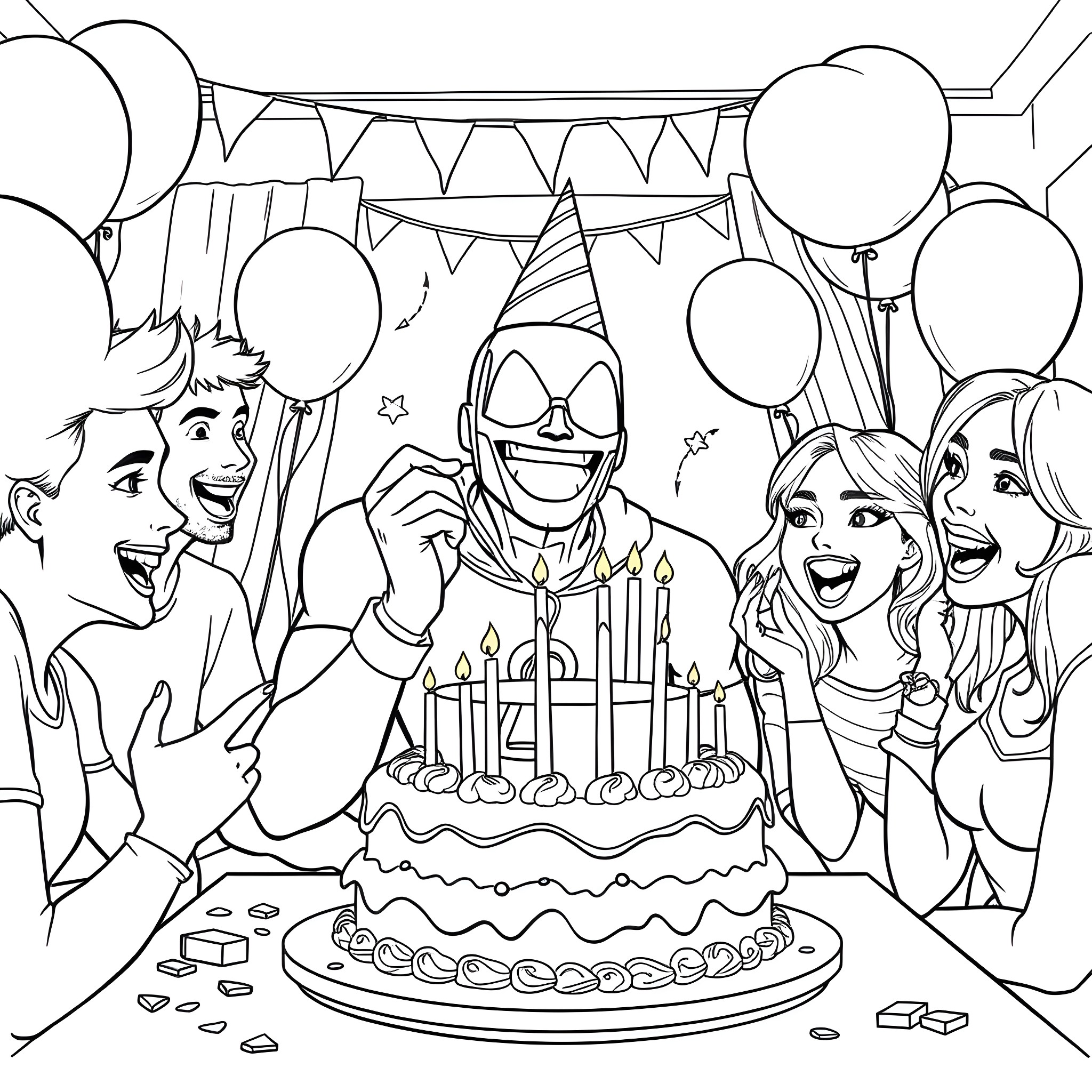 Miles Morales Celebrates Birthday with Friends and Family Coloring Page (free black-and-white line drawing printable PDF for all, from beginners to advanced learners, including children, teens, adults, and seniors)