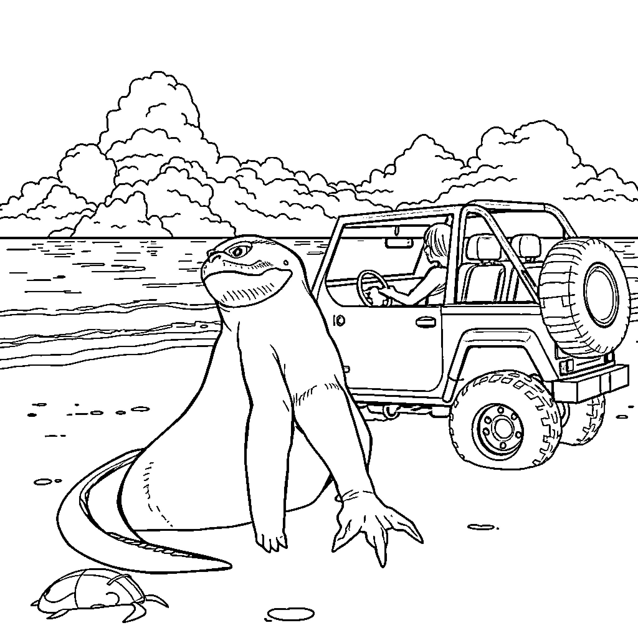 Sirène and the Off-Road Adventure Coloring Page (free black-and-white line drawing printable PDF for all, from beginners to advanced learners, including children, teens, adults, and seniors)