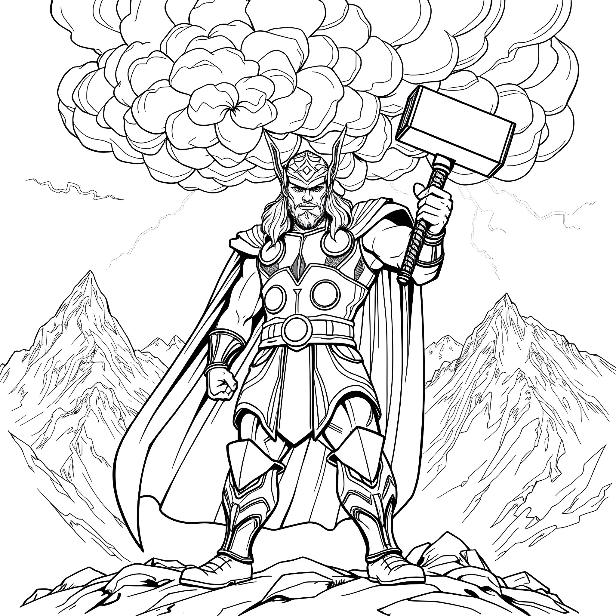 Thor wielding his mighty hammer in an epic battle Coloring Page (free black-and-white line drawing printable PDF for all, from beginners to advanced learners, including children, teens, adults, and seniors)
