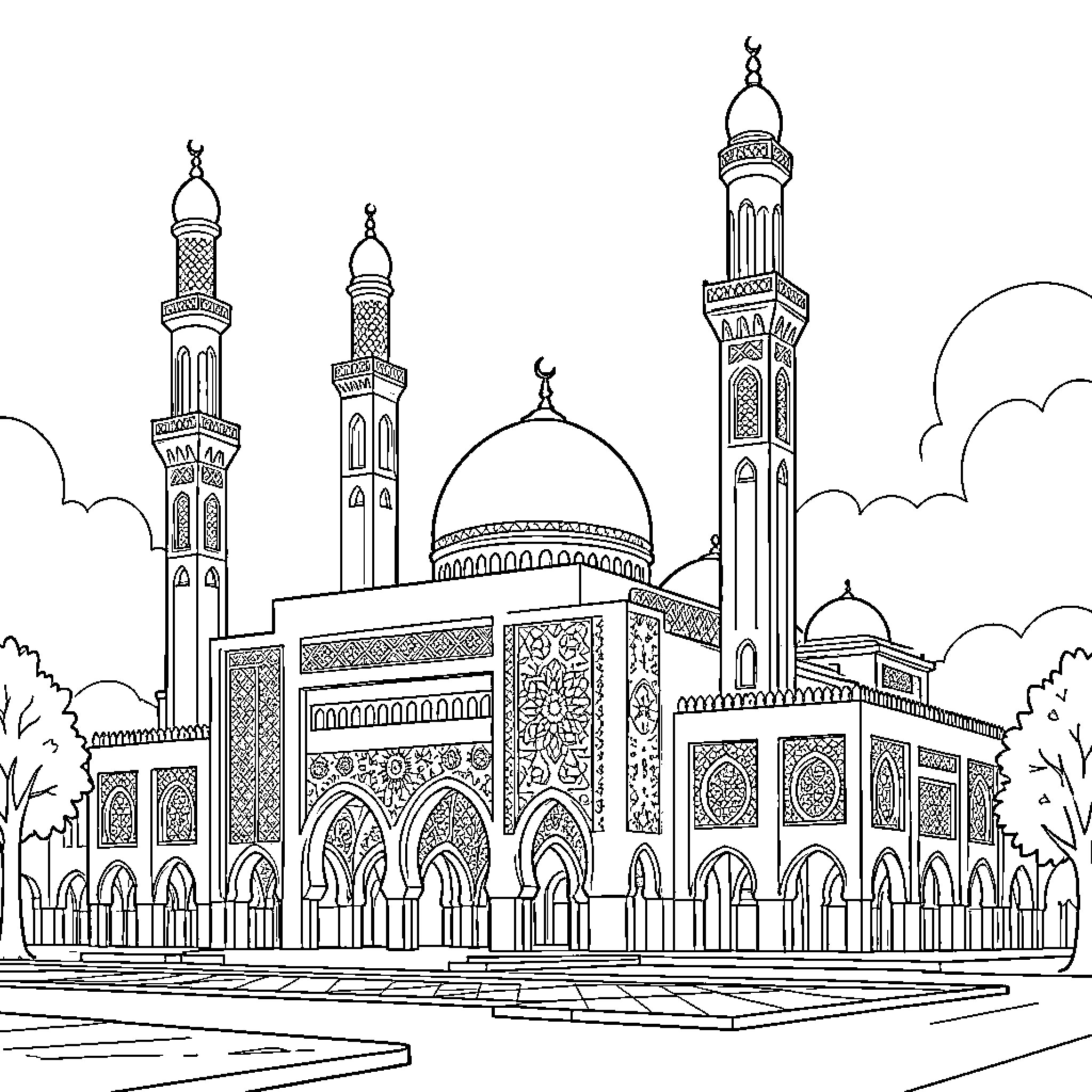 Mosque standing majestically under a cloudy sky Coloring Page (free black-and-white line drawing printable PDF for all, from beginners to advanced learners, including children, teens, adults, and seniors)