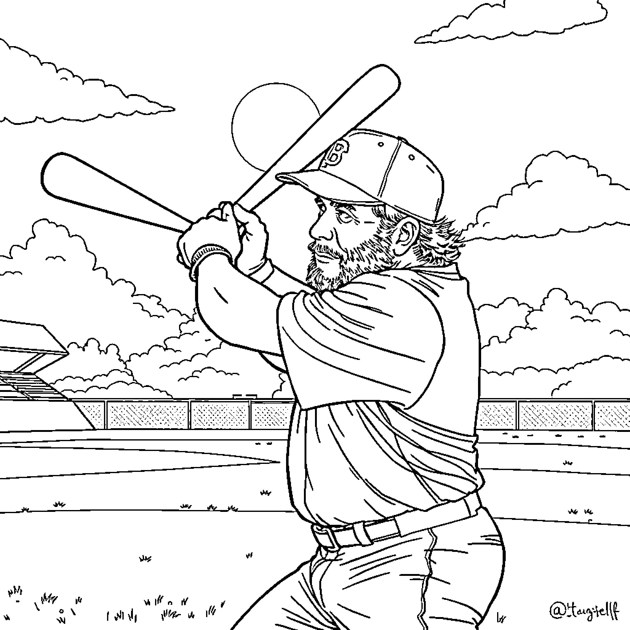 Kurt Russell batting on baseball field Coloring Page (free black-and-white line drawing printable PDF for all, from beginners to advanced learners, including children, teens, adults, and seniors)
