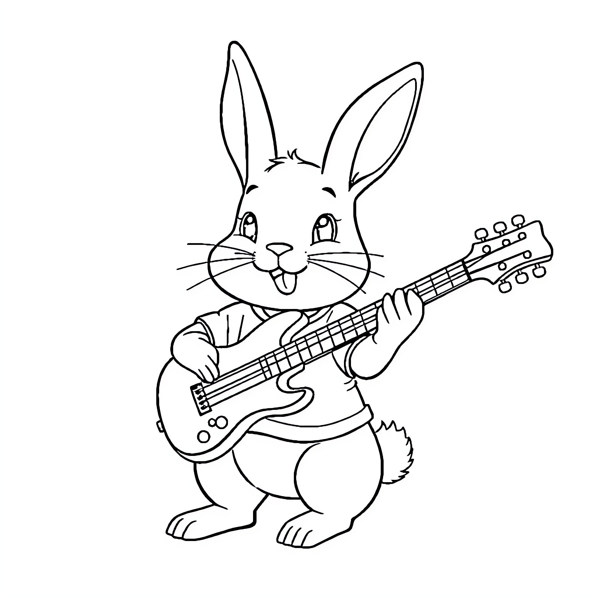 Rabbit playing guitar joyfully Coloring Page (free black-and-white line drawing printable PDF for all, from beginners to advanced learners, including children, teens, adults, and seniors)
