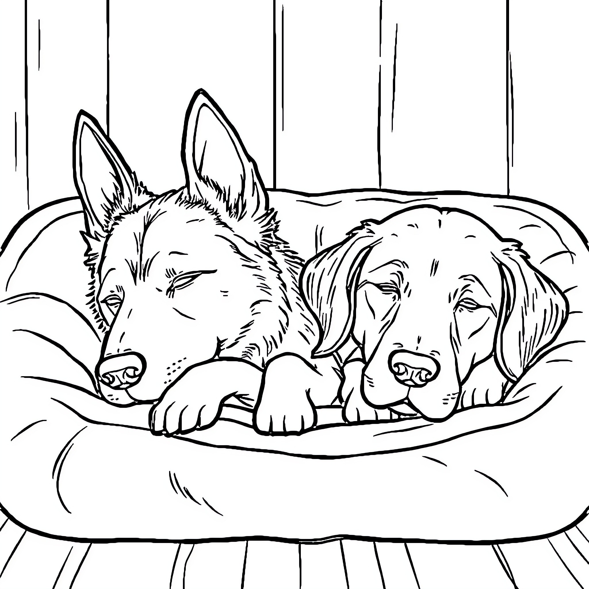 Dog Siblings Napping Peacefully Together Coloring Page (free black-and-white line drawing printable PDF for all, from beginners to advanced learners, including children, teens, adults, and seniors)