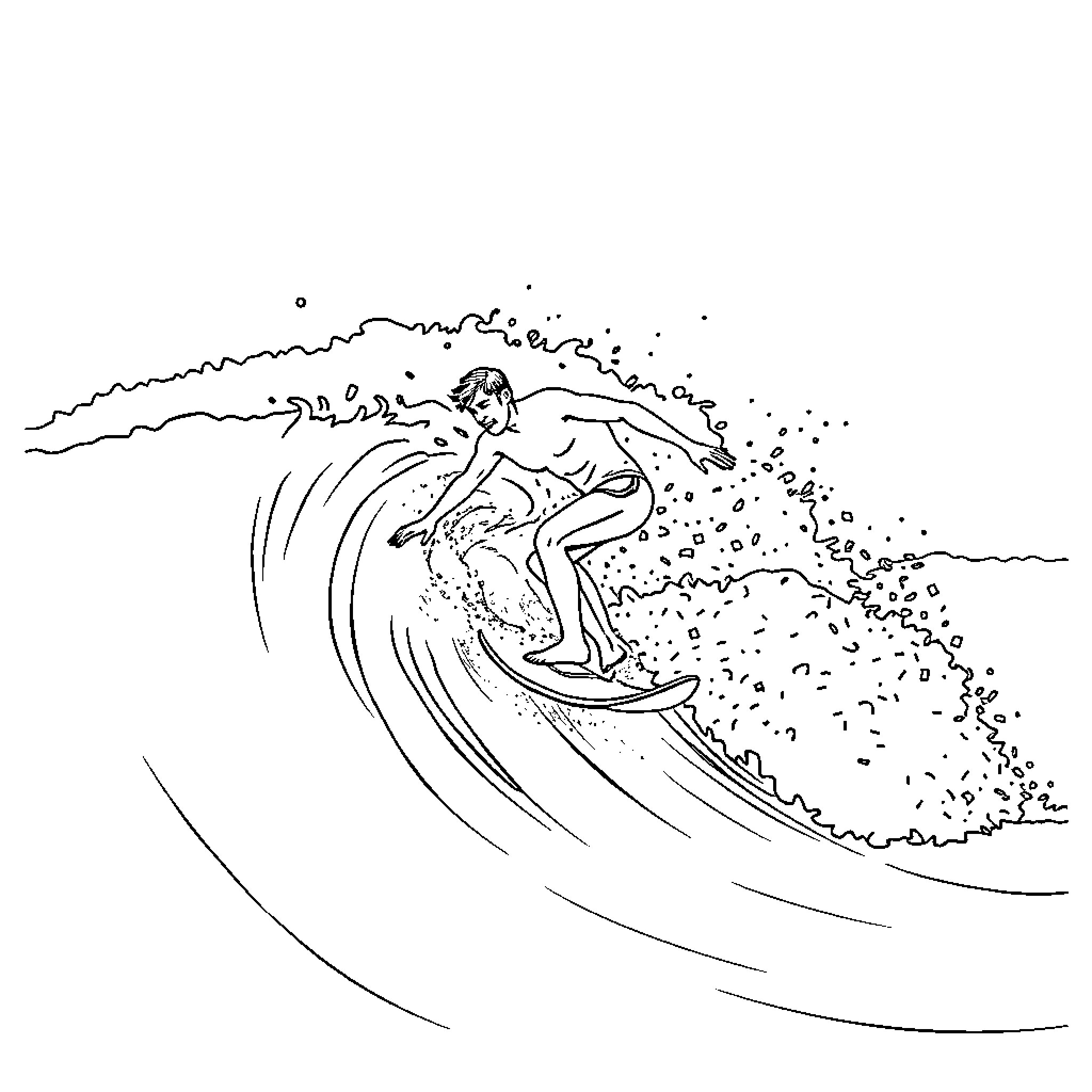 Surfer riding a powerful wave Coloring Page (free black-and-white line drawing printable PDF for all, from beginners to advanced learners, including children, teens, adults, and seniors)