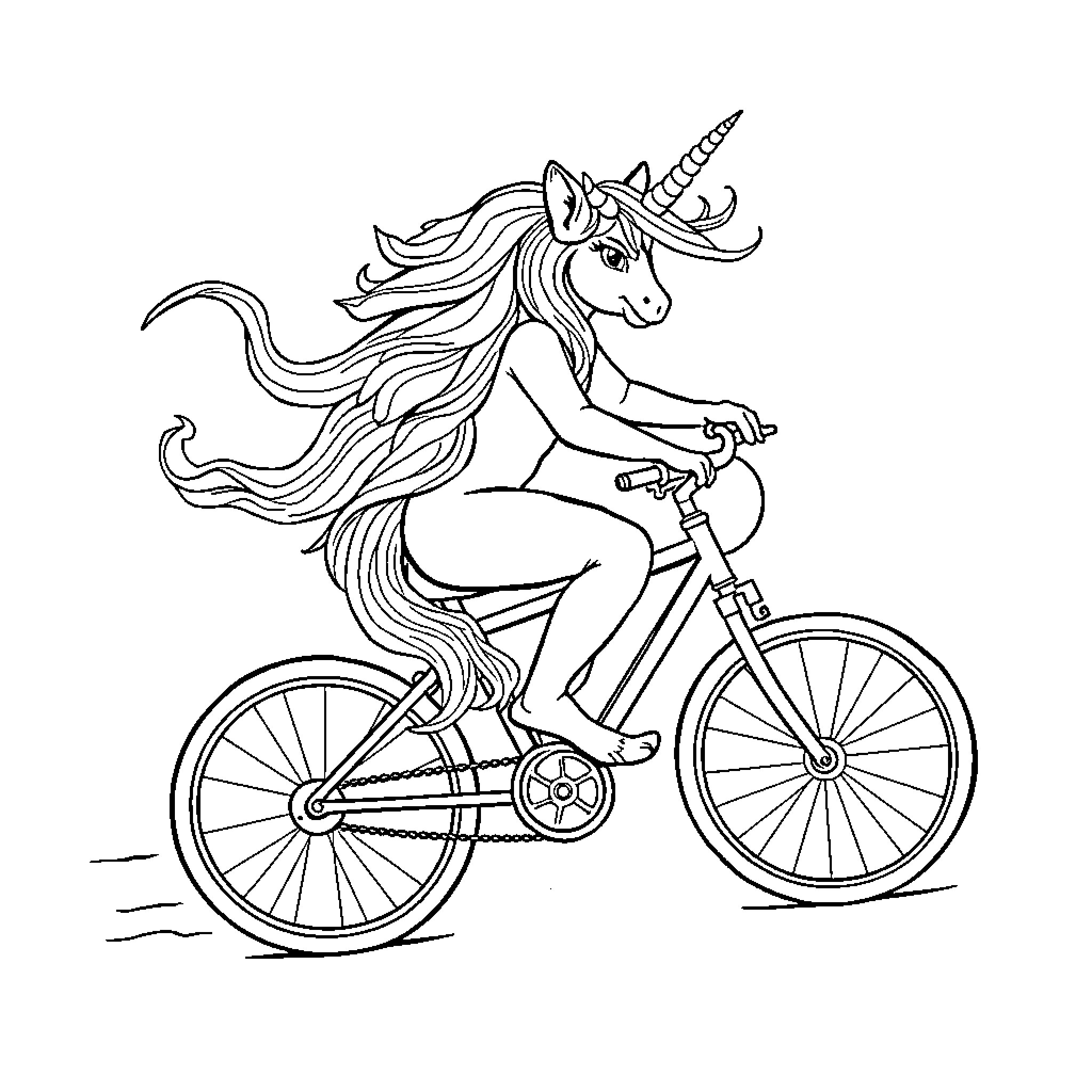 Unicorn Riding Bicycle with Enthusiasm Coloring Page (free black-and-white line drawing printable PDF for all, from beginners to advanced learners, including children, teens, adults, and seniors)