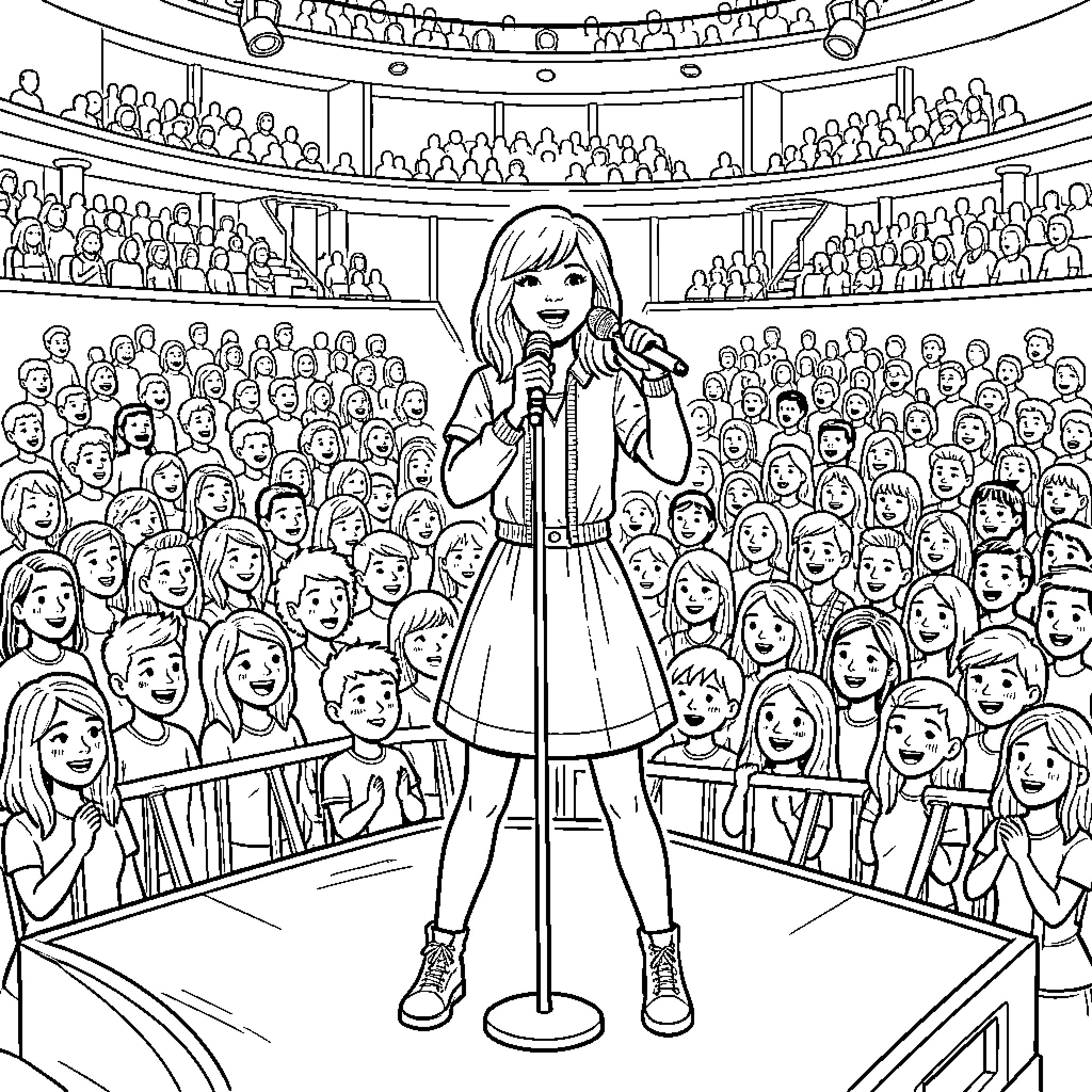 Taylor Swift singing into a microphone on stage Coloring Page (free black-and-white line drawing printable PDF for all, from beginners to advanced learners, including children, teens, adults, and seniors)