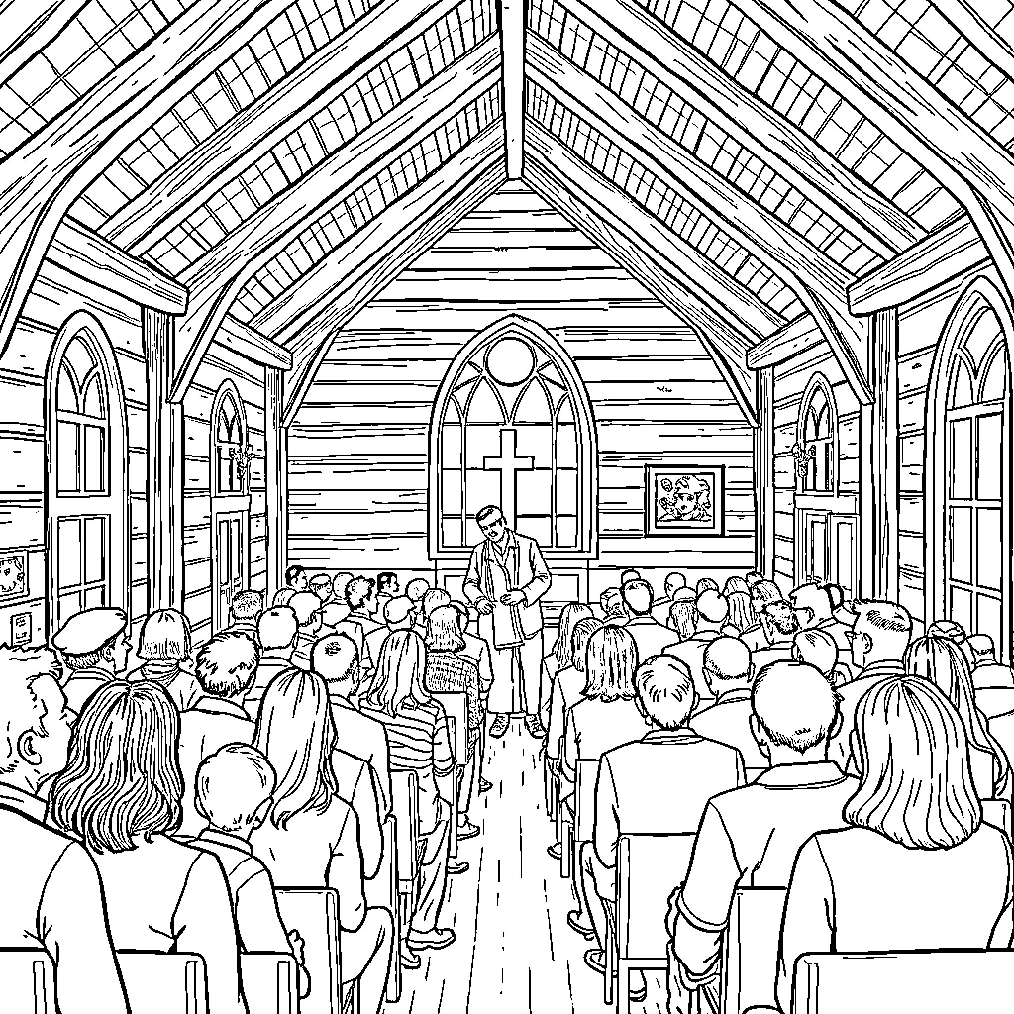Person attending a service in a wooden church Coloring Page (free black-and-white line drawing printable PDF for all, from beginners to advanced learners, including children, teens, adults, and seniors)