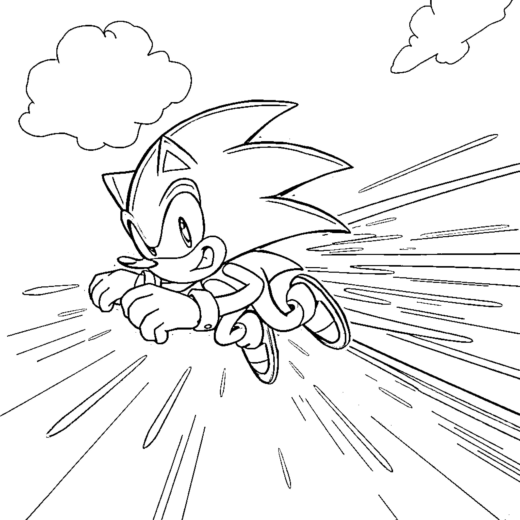 Sonic the Hedgehog running with speed and energy Coloring Page (free black-and-white line drawing printable PDF for all, from beginners to advanced learners, including children, teens, adults, and seniors)