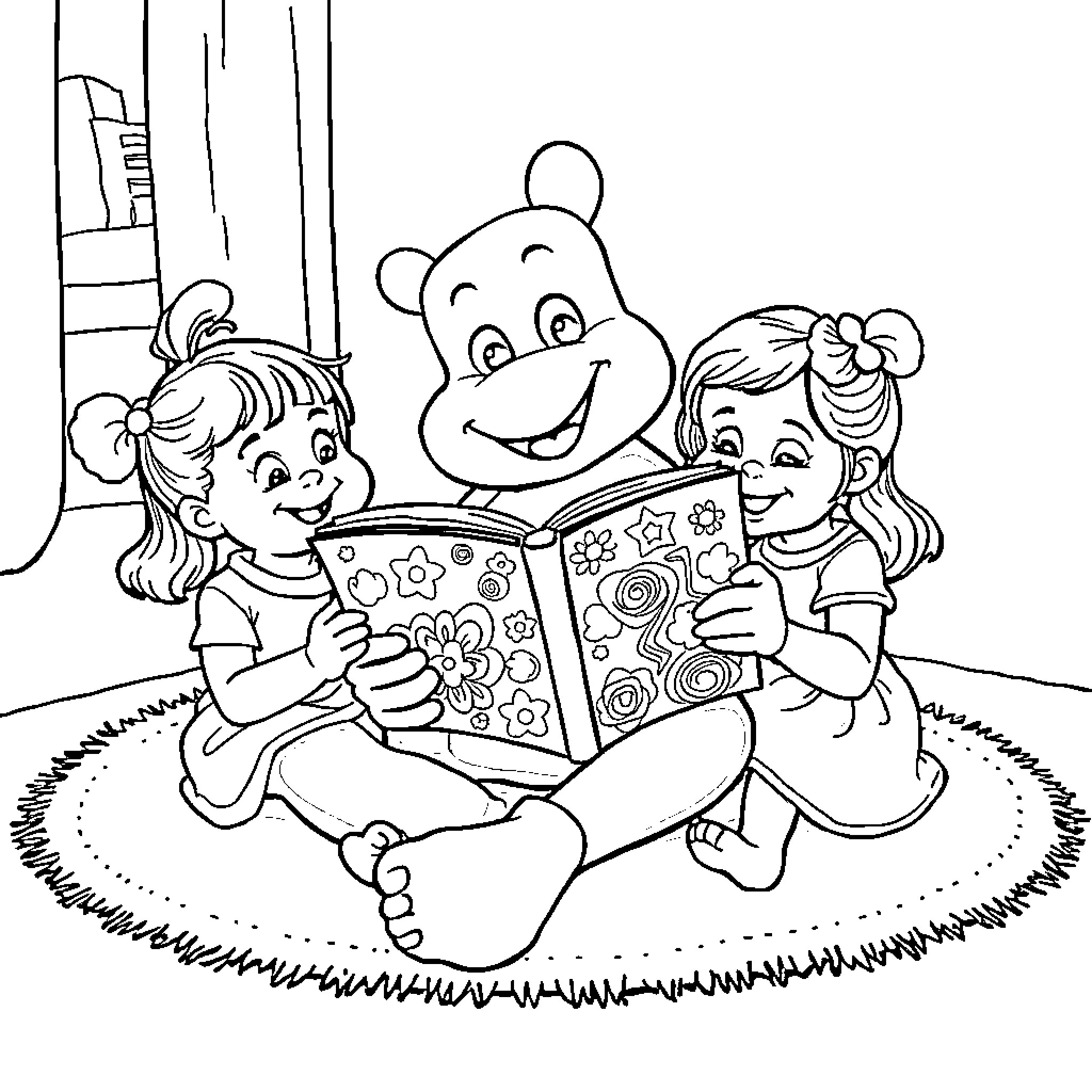 Bluey reading a storybook with friends Coloring Page (free black-and-white line drawing printable PDF for all, from beginners to advanced learners, including children, teens, adults, and seniors)