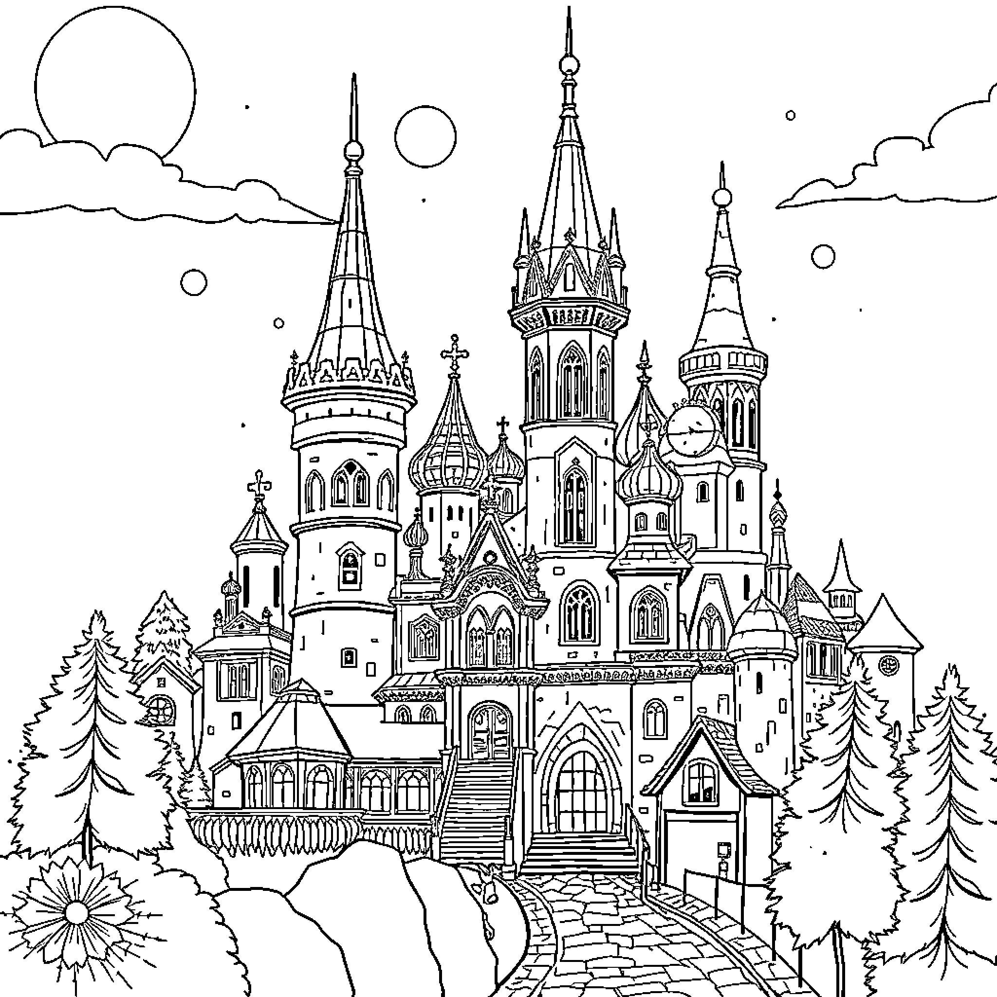 Hero City of Magical Towers and Ornate Architecture Coloring Page (free black-and-white line drawing printable PDF for all, from beginners to advanced learners, including children, teens, adults, and seniors)