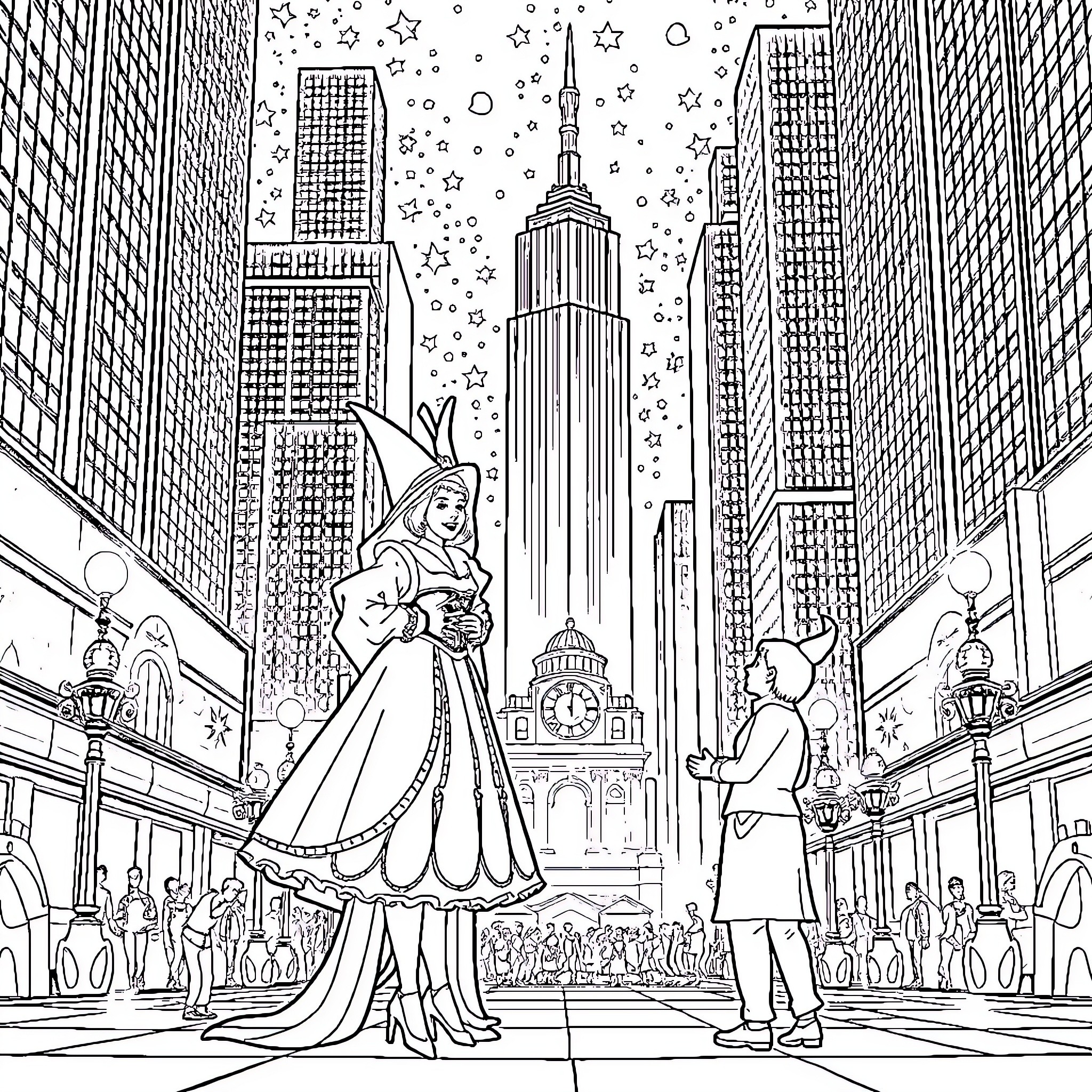 Witch walking in the enchanted city Coloring Page (free black-and-white line drawing printable PDF for all, from beginners to advanced learners, including children, teens, adults, and seniors)