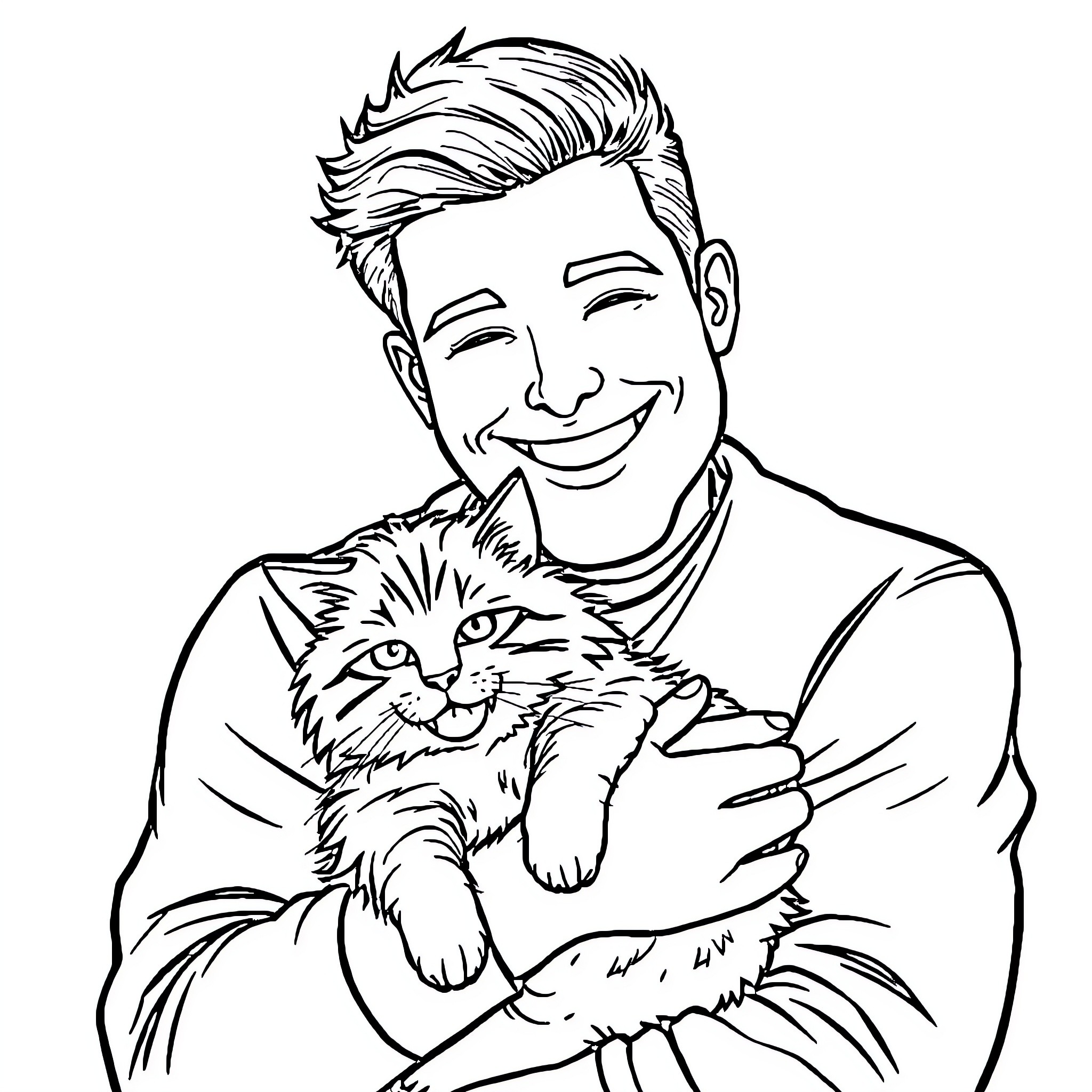 Matt Sturniolo's cheerful expression while holding a playful cat Coloring Page (free black-and-white line drawing printable PDF for all, from beginners to advanced learners, including children, teens, adults, and seniors)