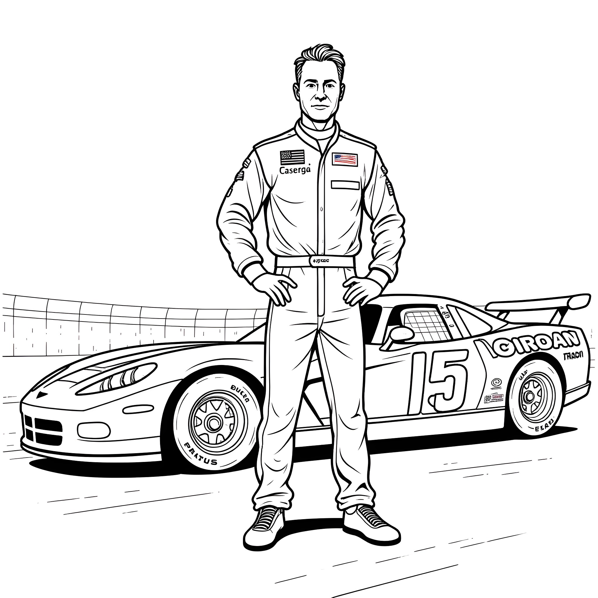 Dale Earnhardt Standing Proudly Next to Race Car Coloring Page (free black-and-white line drawing printable PDF for all, from beginners to advanced learners, including children, teens, adults, and seniors)