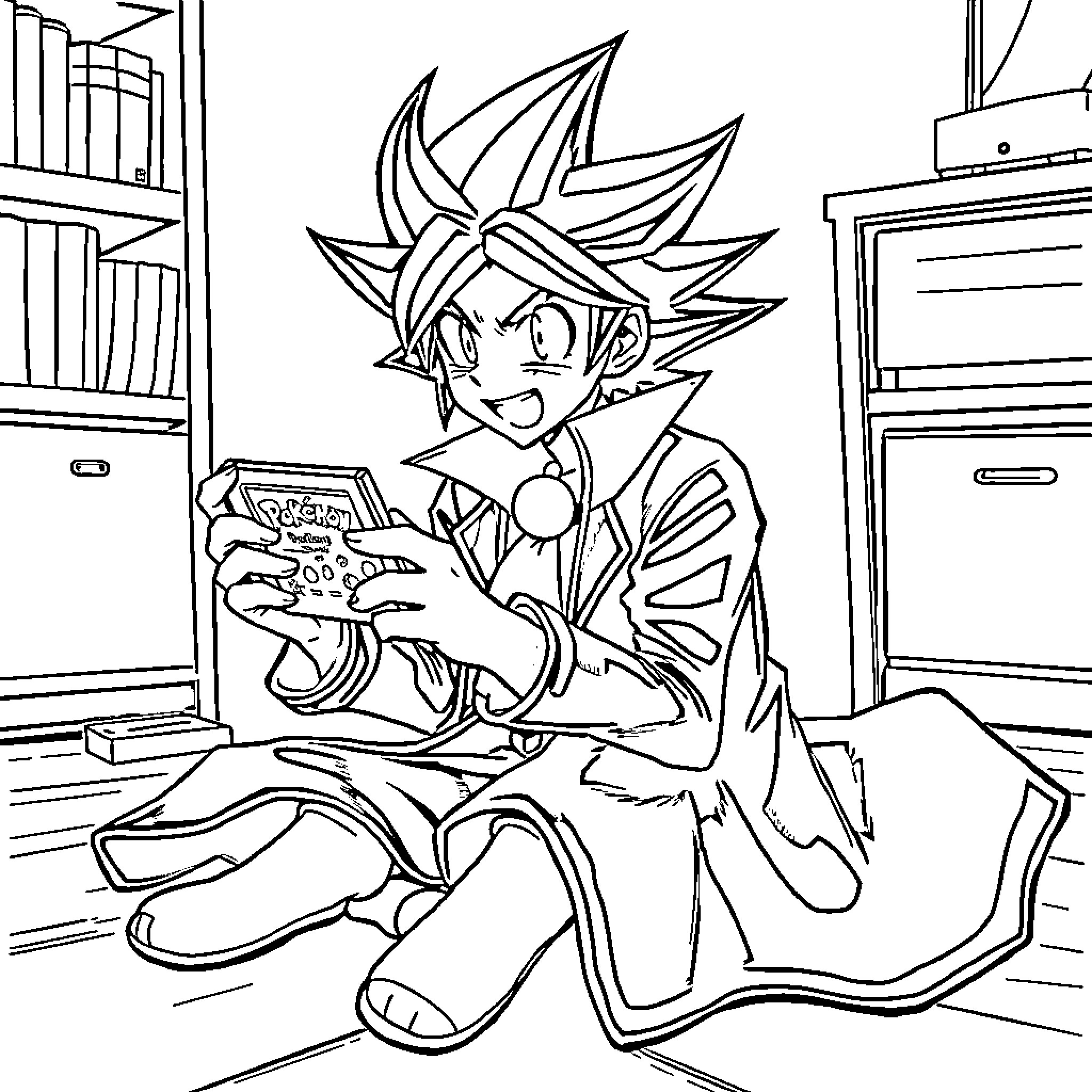 Yugi's Adventurous Game Time Coloring Page (free black-and-white line drawing printable PDF for all, from beginners to advanced learners, including children, teens, adults, and seniors)