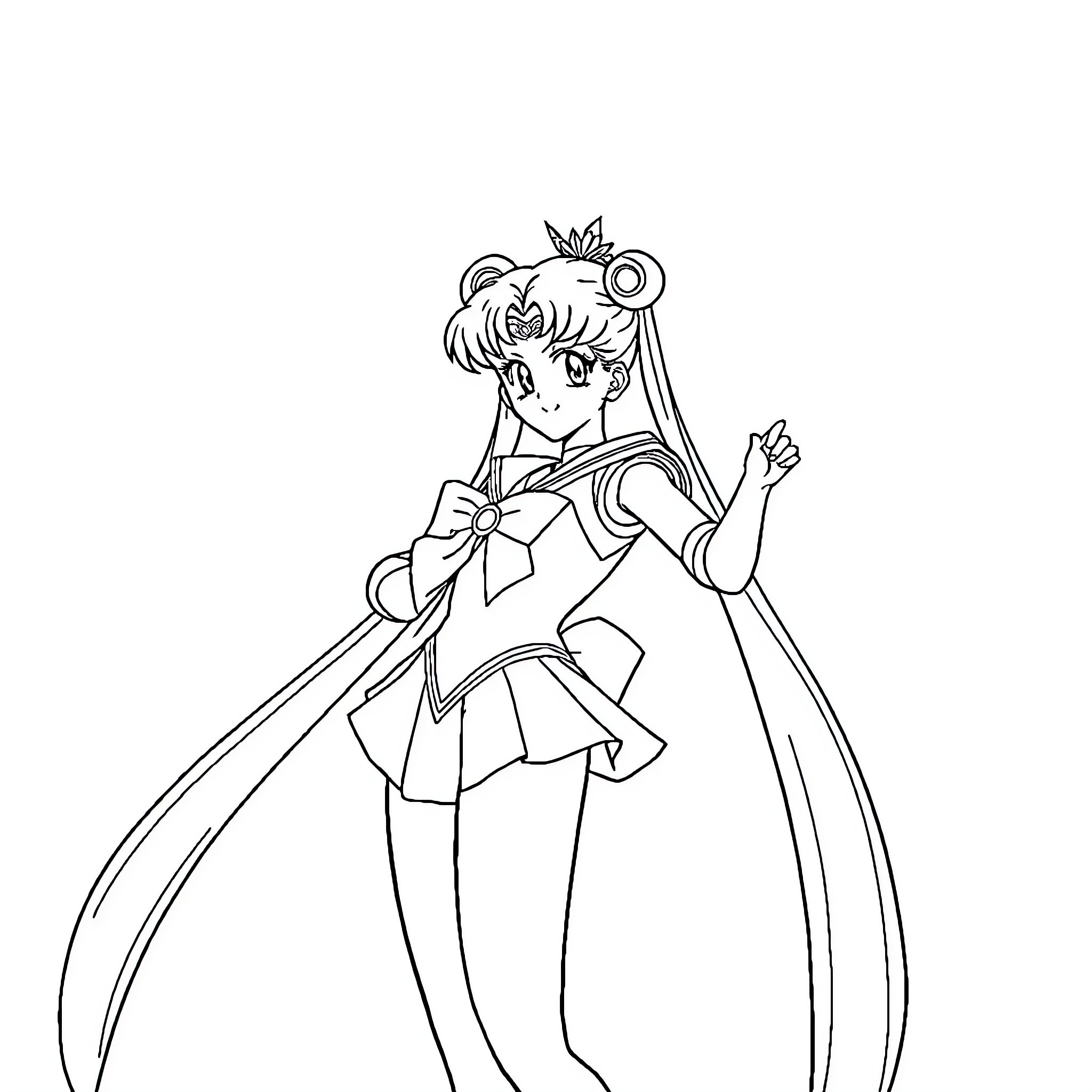 Sailor Moon posing in her iconic costume Coloring Page (free black-and-white line drawing printable PDF for all, from beginners to advanced learners, including children, teens, adults, and seniors)