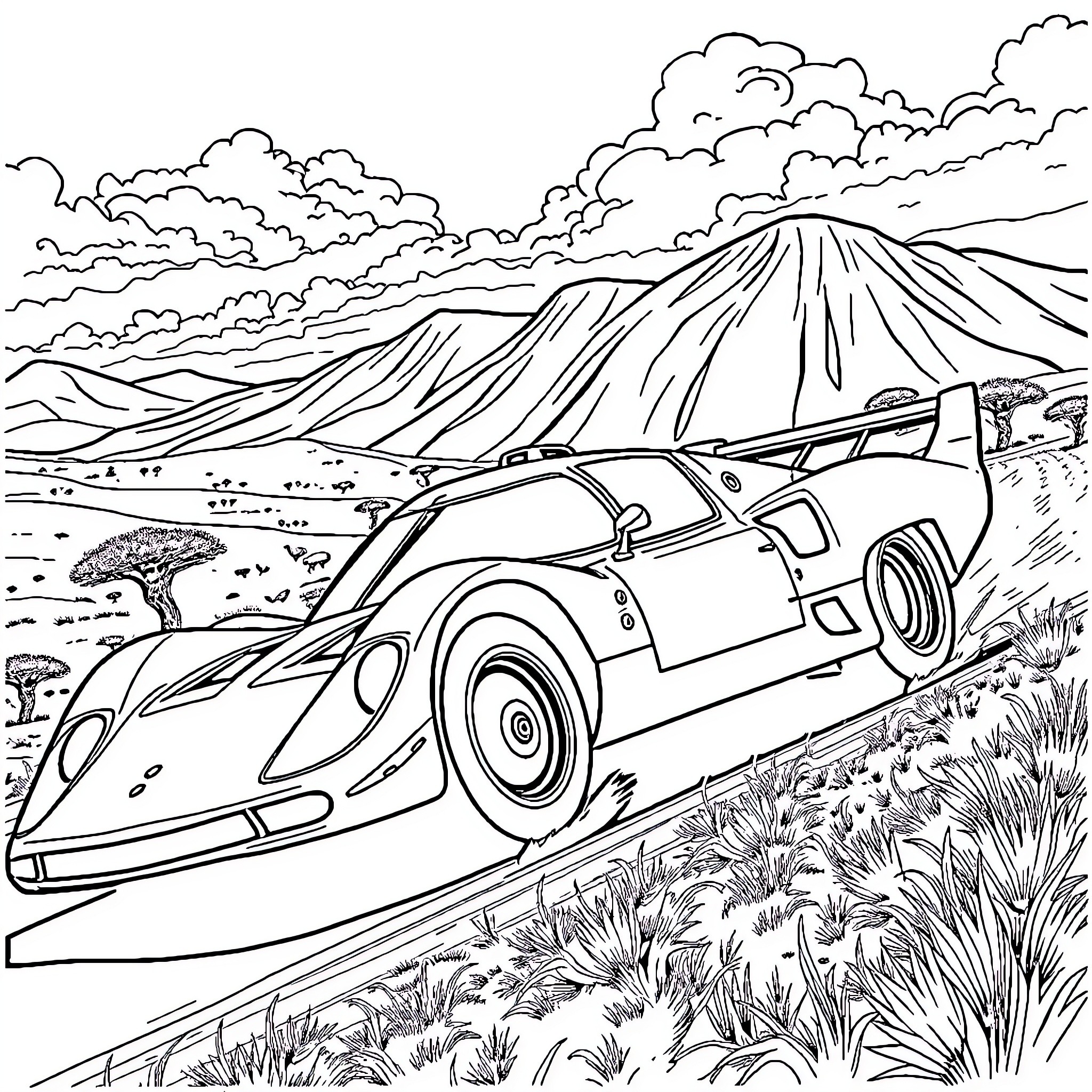 Racecar speeding through rugged terrain amid cloud-filled sky Coloring Page (free black-and-white line drawing printable PDF for all, from beginners to advanced learners, including children, teens, adults, and seniors)