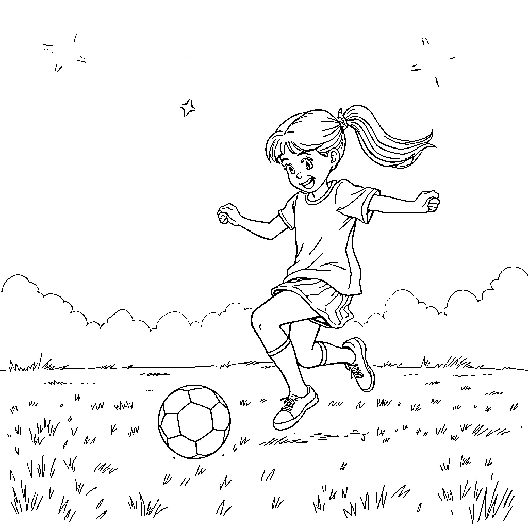 Girl playing with soccer ball in grassy field Coloring Page (free black-and-white line drawing printable PDF for all, from beginners to advanced learners, including children, teens, adults, and seniors)