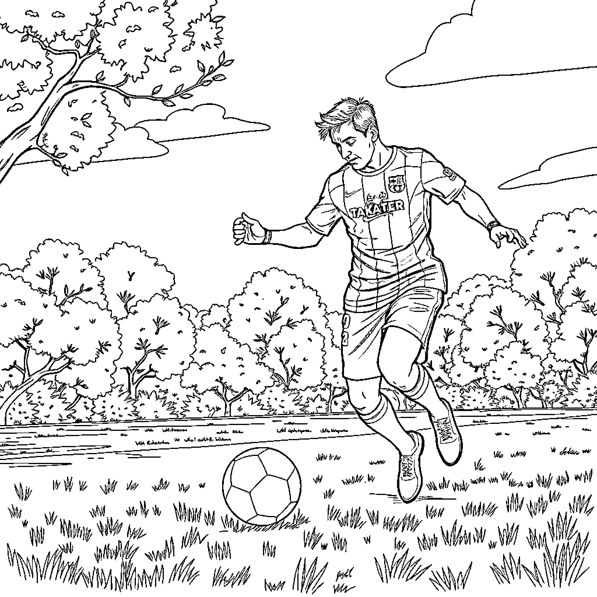 Spiderman playing football in a park Coloring Page (free black-and-white line drawing printable PDF for all, from beginners to advanced learners, including children, teens, adults, and seniors)