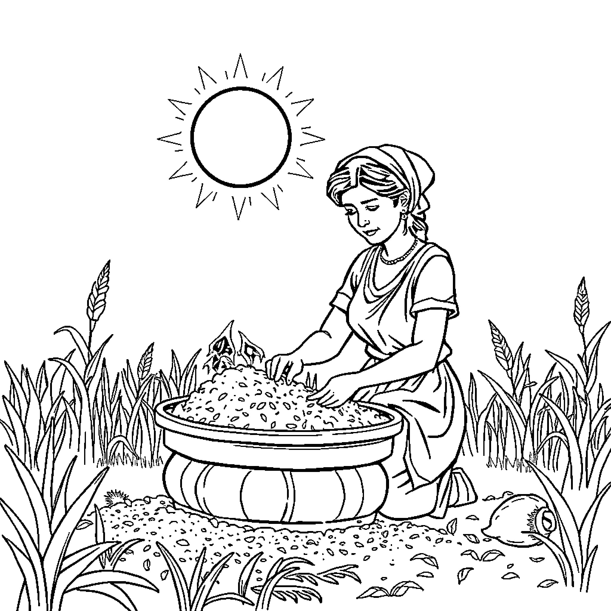 Woman working in the agricultural field under the sun Coloring Page (free black-and-white line drawing printable PDF for all, from beginners to advanced learners, including children, teens, adults, and seniors)