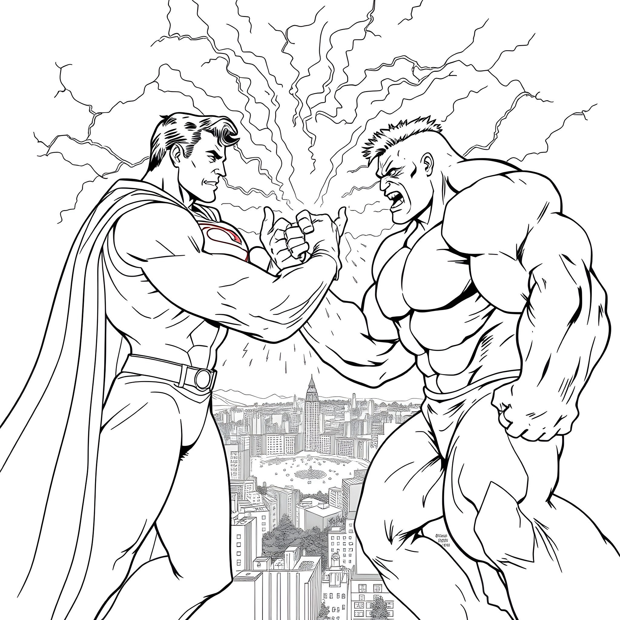 Superman's Heroic Showdown with a Powerful Adversary Coloring Page (free black-and-white line drawing printable PDF for all, from beginners to advanced learners, including children, teens, adults, and seniors)
