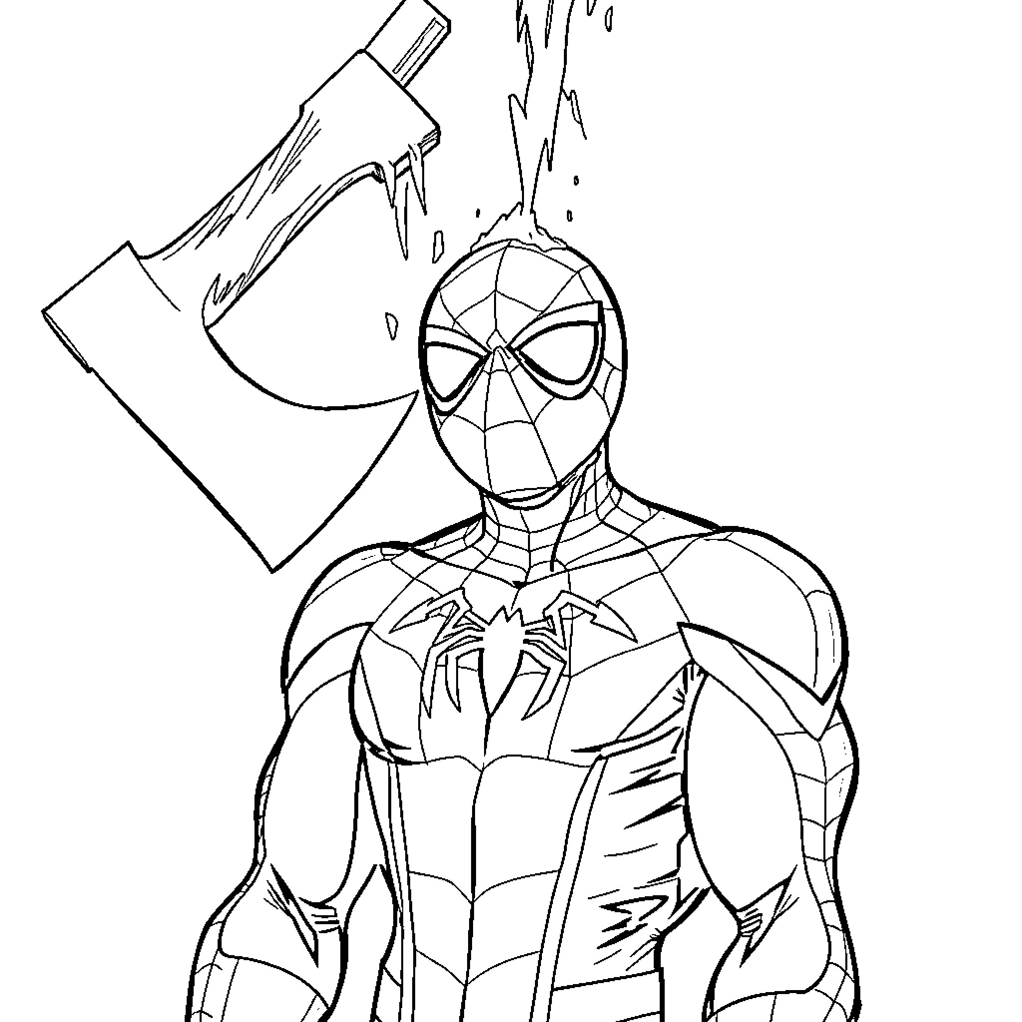 Spider-Man heroically wielding a powerful weapon Coloring Page (free black-and-white line drawing printable PDF for all, from beginners to advanced learners, including children, teens, adults, and seniors)