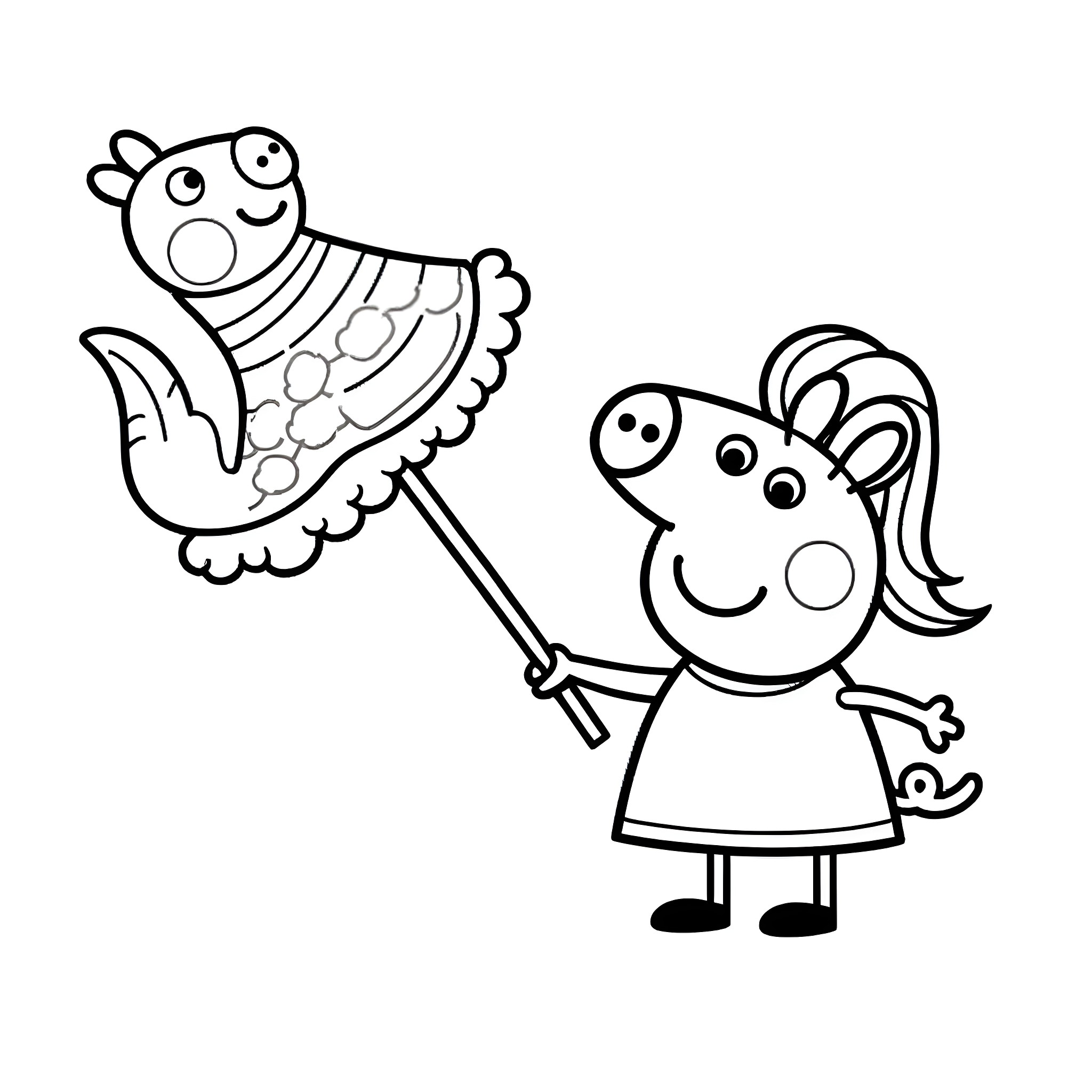 Girl playing with a colorful toy bird Coloring Page (free black-and-white line drawing printable PDF for all, from beginners to advanced learners, including children, teens, adults, and seniors)