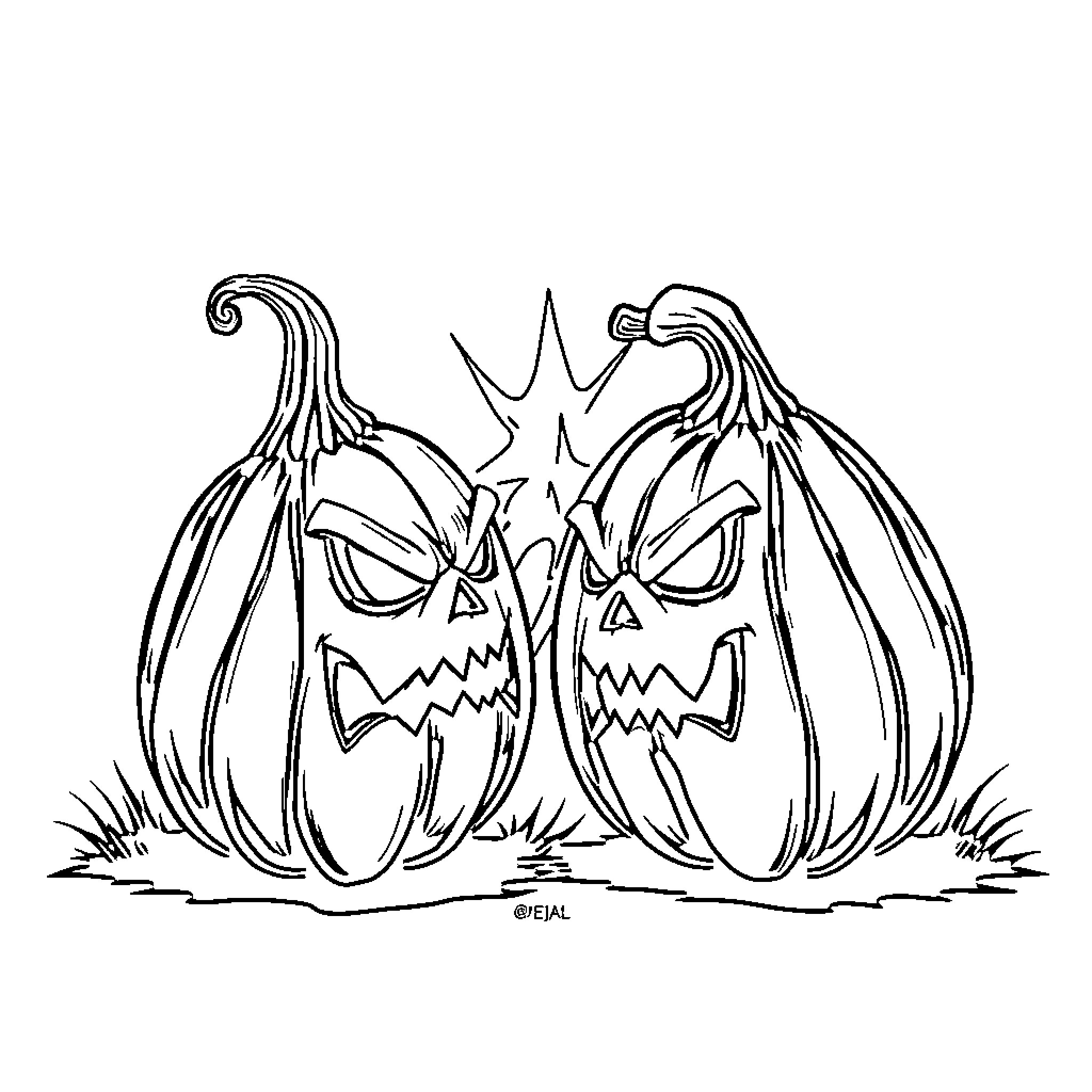 Pumpkin duo with scary expressions Coloring Page (free black-and-white line drawing printable PDF for all, from beginners to advanced learners, including children, teens, adults, and seniors)