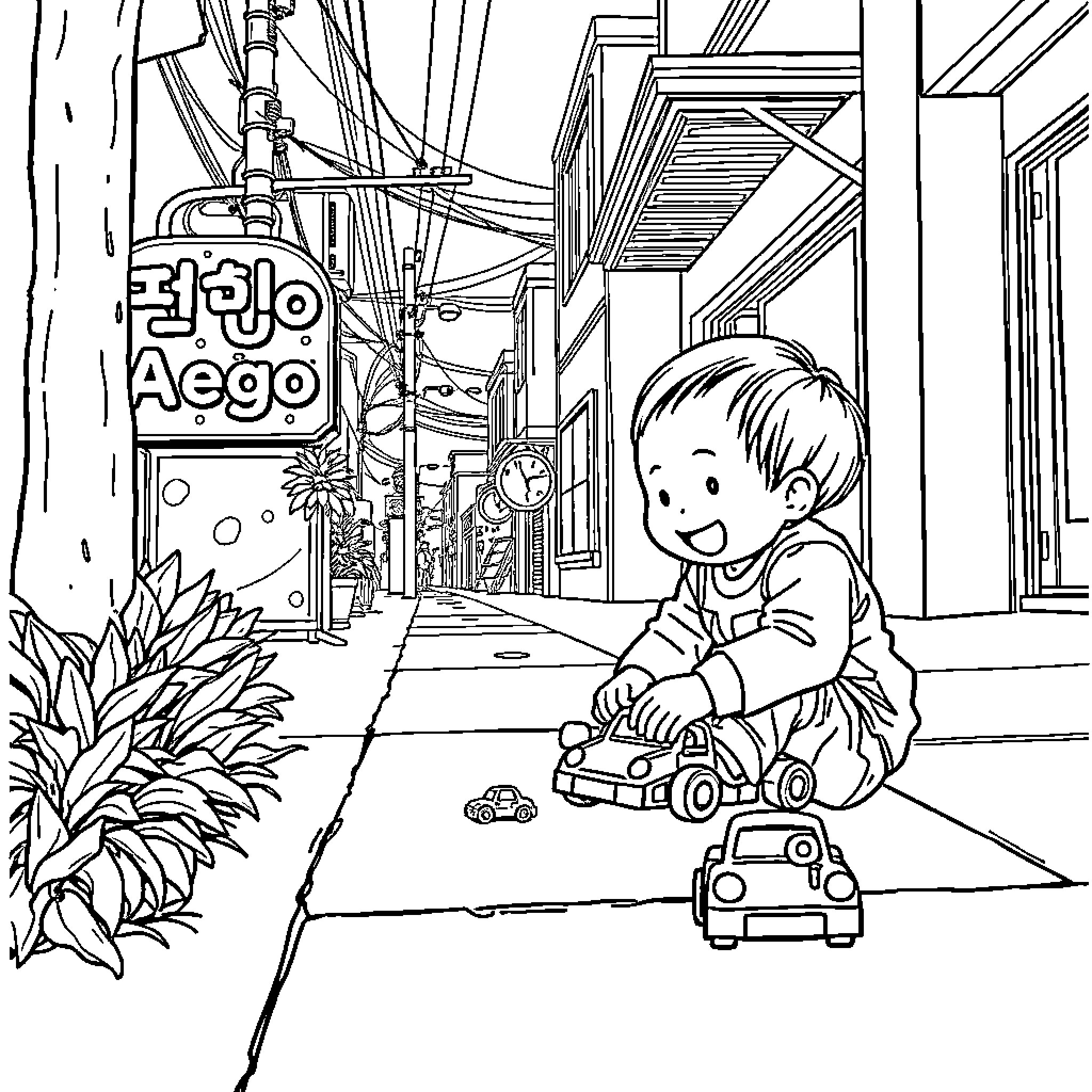 Kid playing with toy car on city street Coloring Page (free black-and-white line drawing printable PDF for all, from beginners to advanced learners, including children, teens, adults, and seniors)
