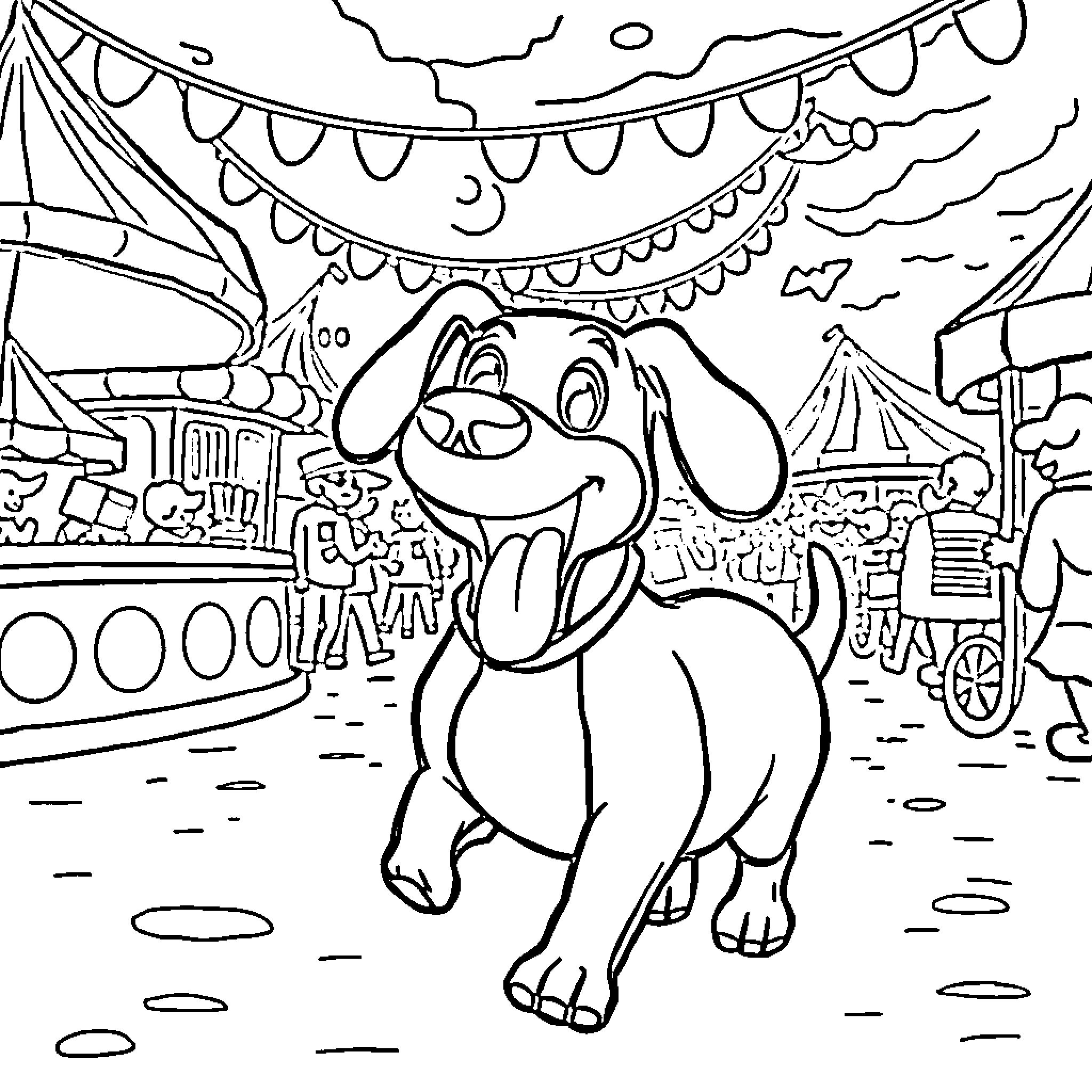 Sausage Dog Enjoys the Carnival Atmosphere Coloring Page (free black-and-white line drawing printable PDF for all, from beginners to advanced learners, including children, teens, adults, and seniors)