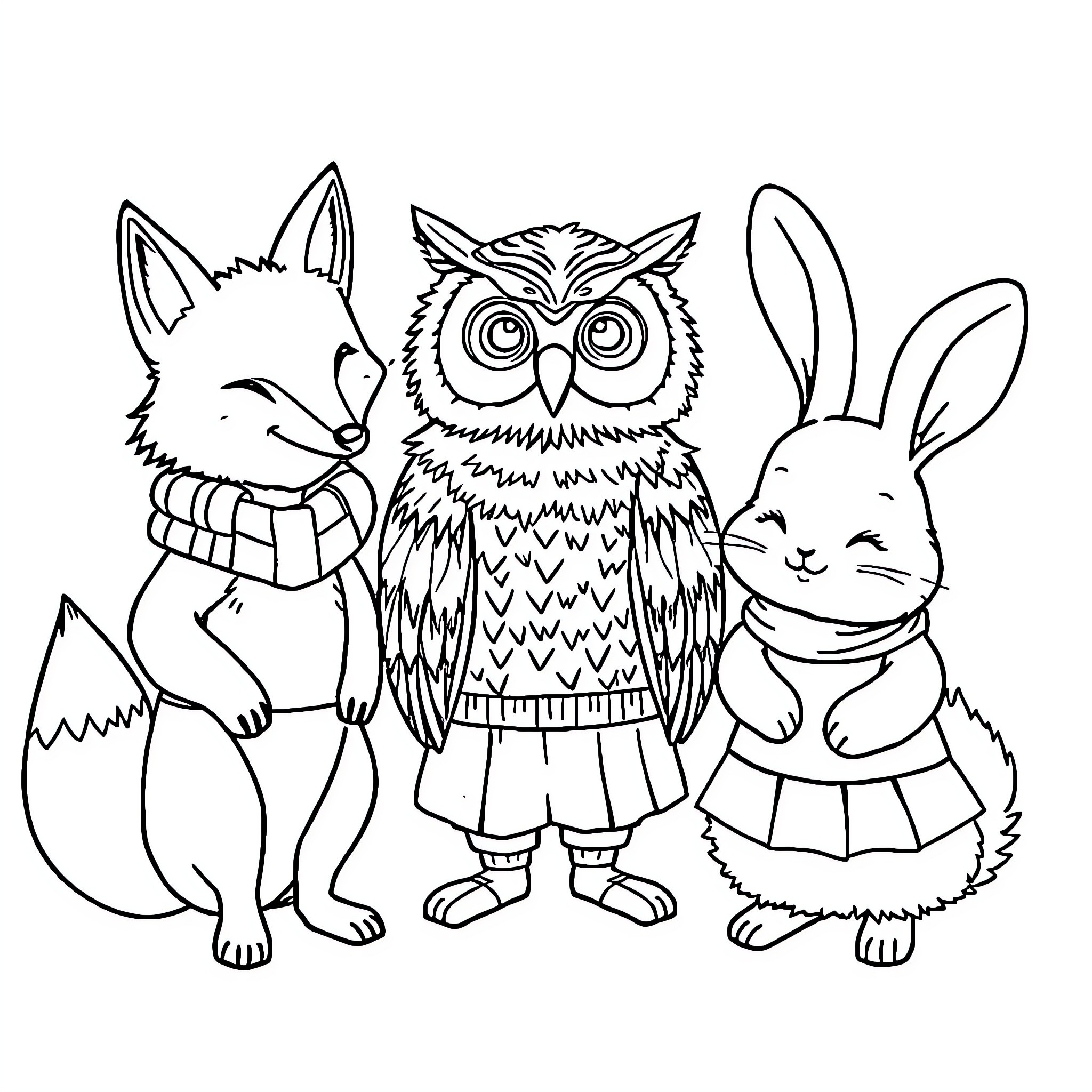 Animal friends posing in winter outfits Coloring Page (free black-and-white line drawing printable PDF for all, from beginners to advanced learners, including children, teens, adults, and seniors)