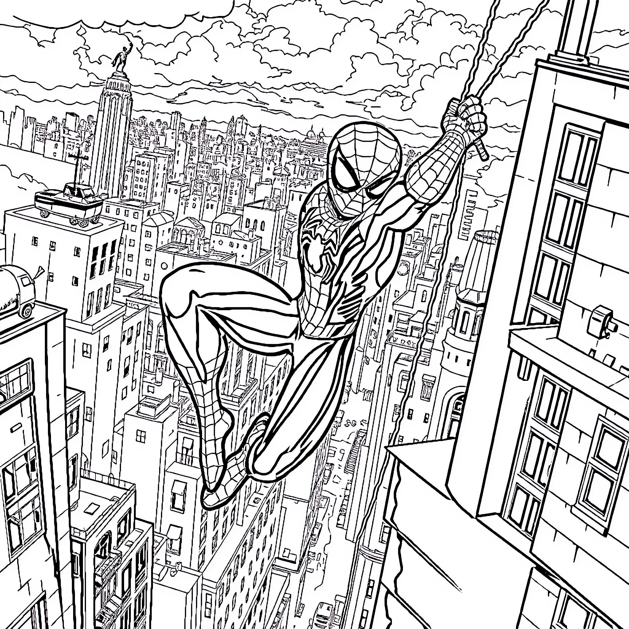 Spiderman swinging through the city skyline Coloring Page (free black-and-white line drawing printable PDF for all, from beginners to advanced learners, including children, teens, adults, and seniors)