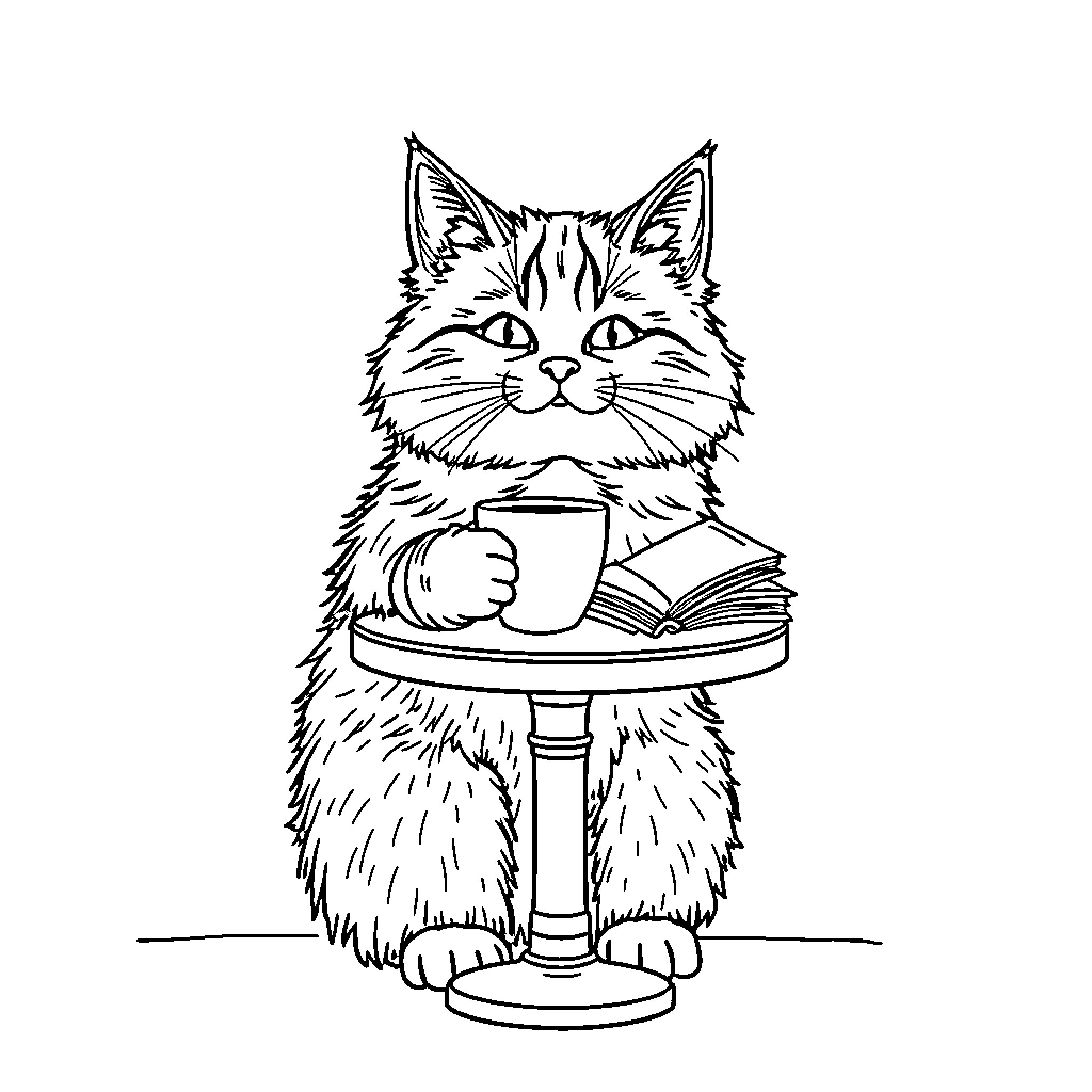 Cat enjoying a cozy read with a cup of coffee Coloring Page (free black-and-white line drawing printable PDF for all, from beginners to advanced learners, including children, teens, adults, and seniors)