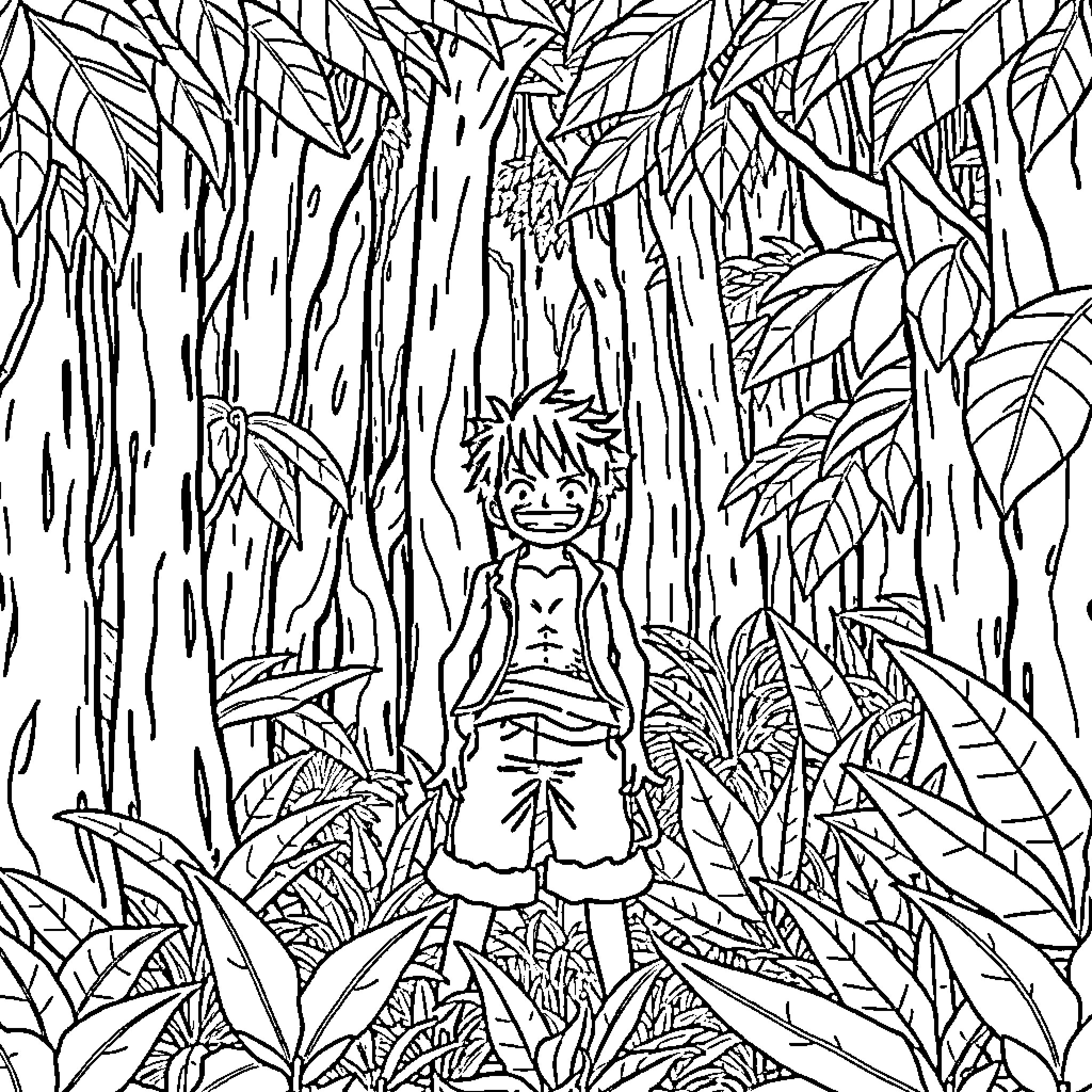 Luffy adventures in the jungle Coloring Page (free black-and-white line drawing printable PDF for all, from beginners to advanced learners, including children, teens, adults, and seniors)
