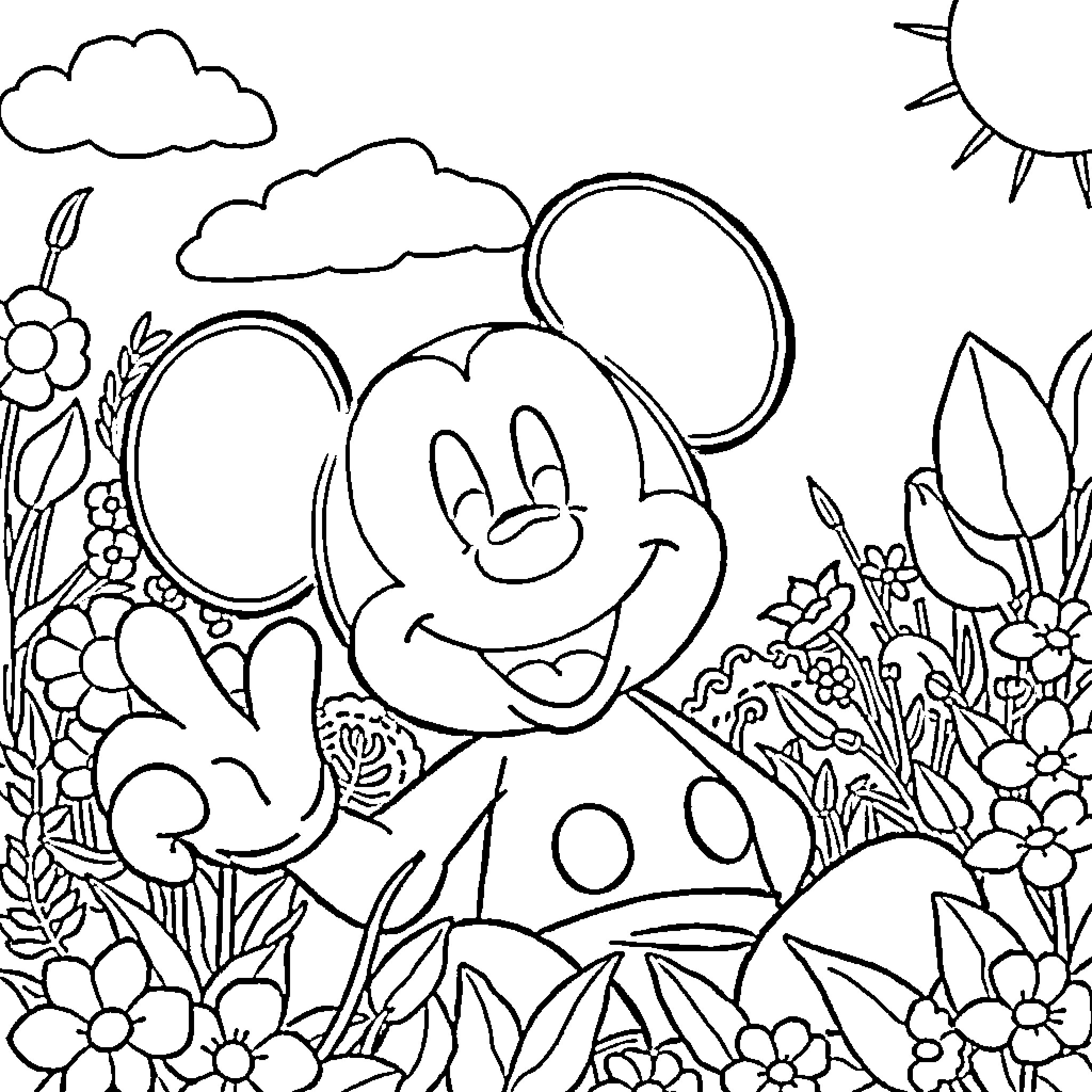 Mickey Mouse enjoying the nature scenery Coloring Page (free black-and-white line drawing printable PDF for all, from beginners to advanced learners, including children, teens, adults, and seniors)
