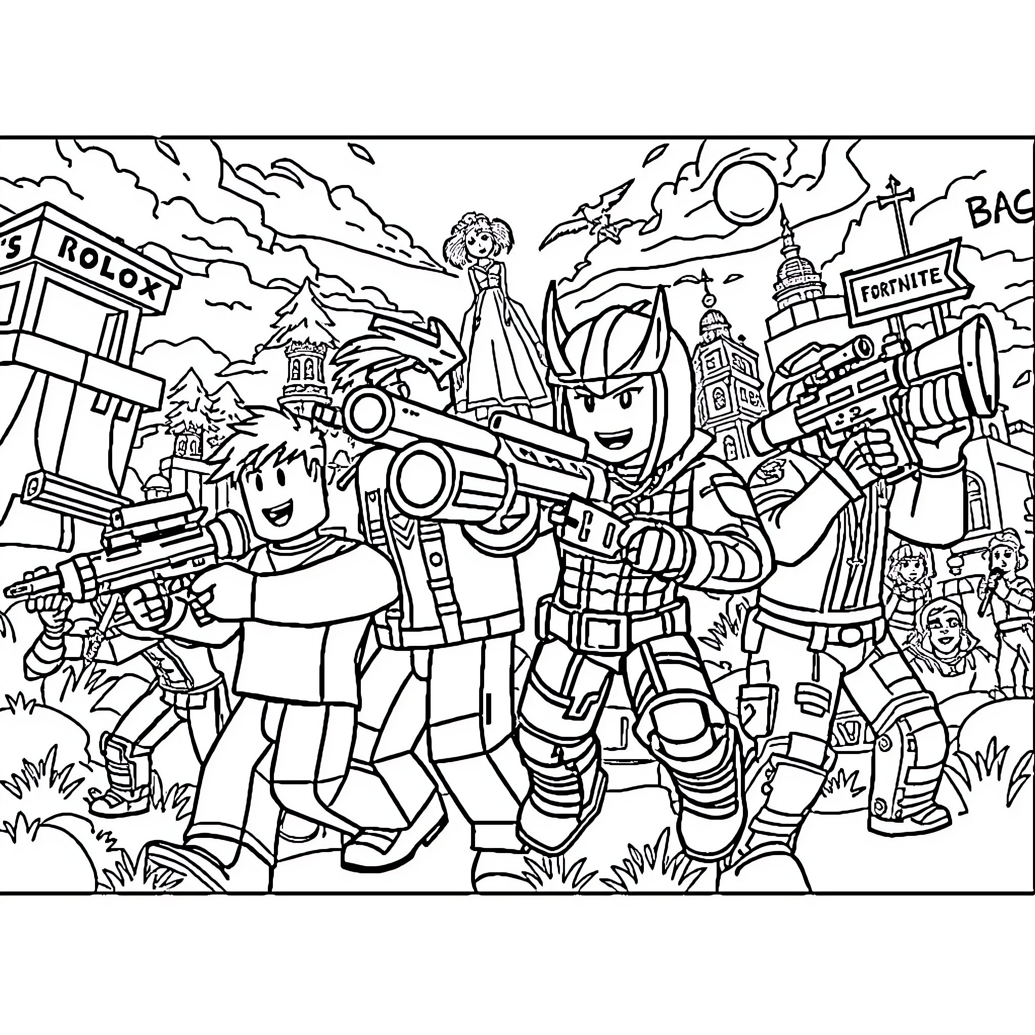 Roblox Characters in an Epic Adventure Scene Coloring Page (free black-and-white line drawing printable PDF for all, from beginners to advanced learners, including children, teens, adults, and seniors)