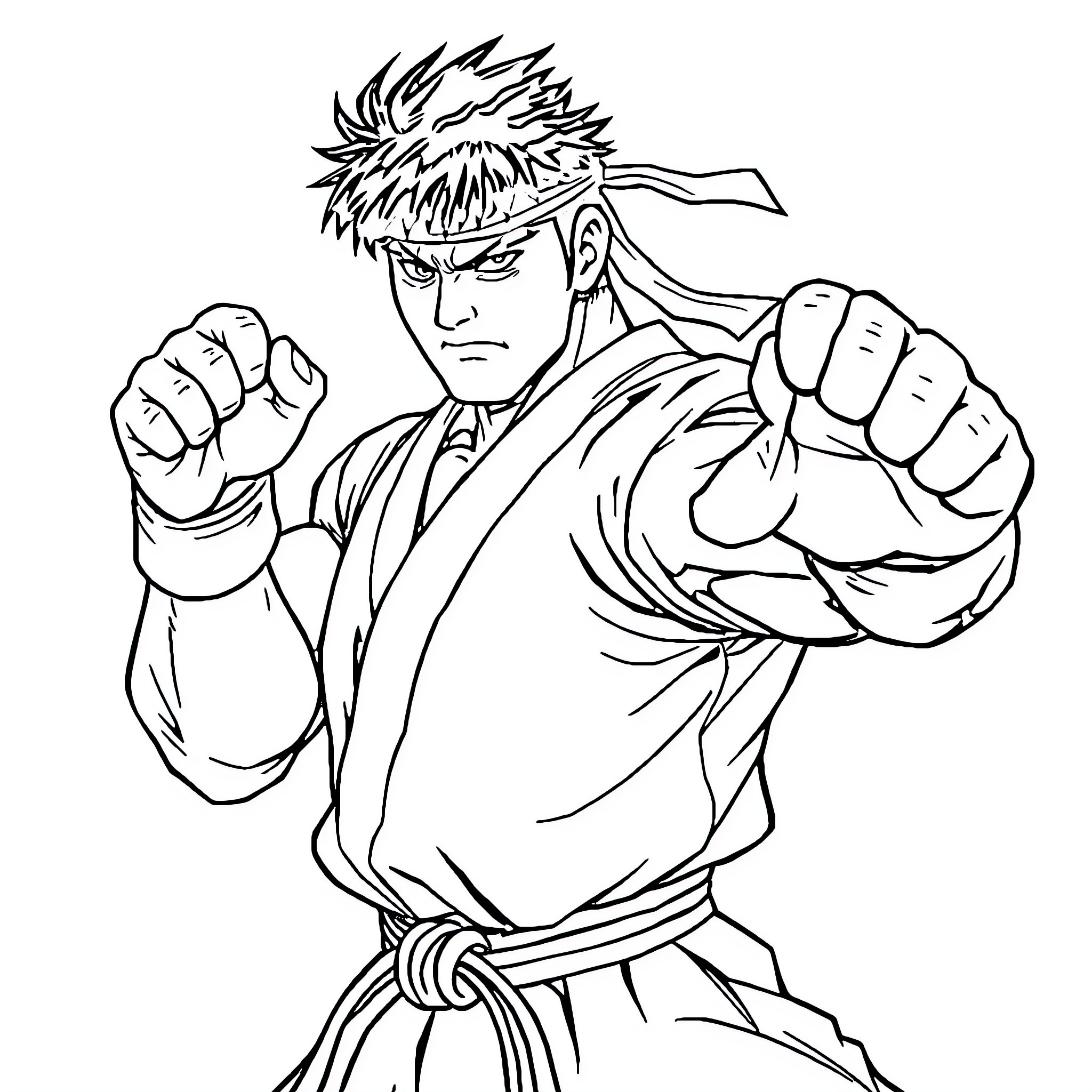 Ryu's Fighting Stance and Determination Coloring Page (free black-and-white line drawing printable PDF for all, from beginners to advanced learners, including children, teens, adults, and seniors)