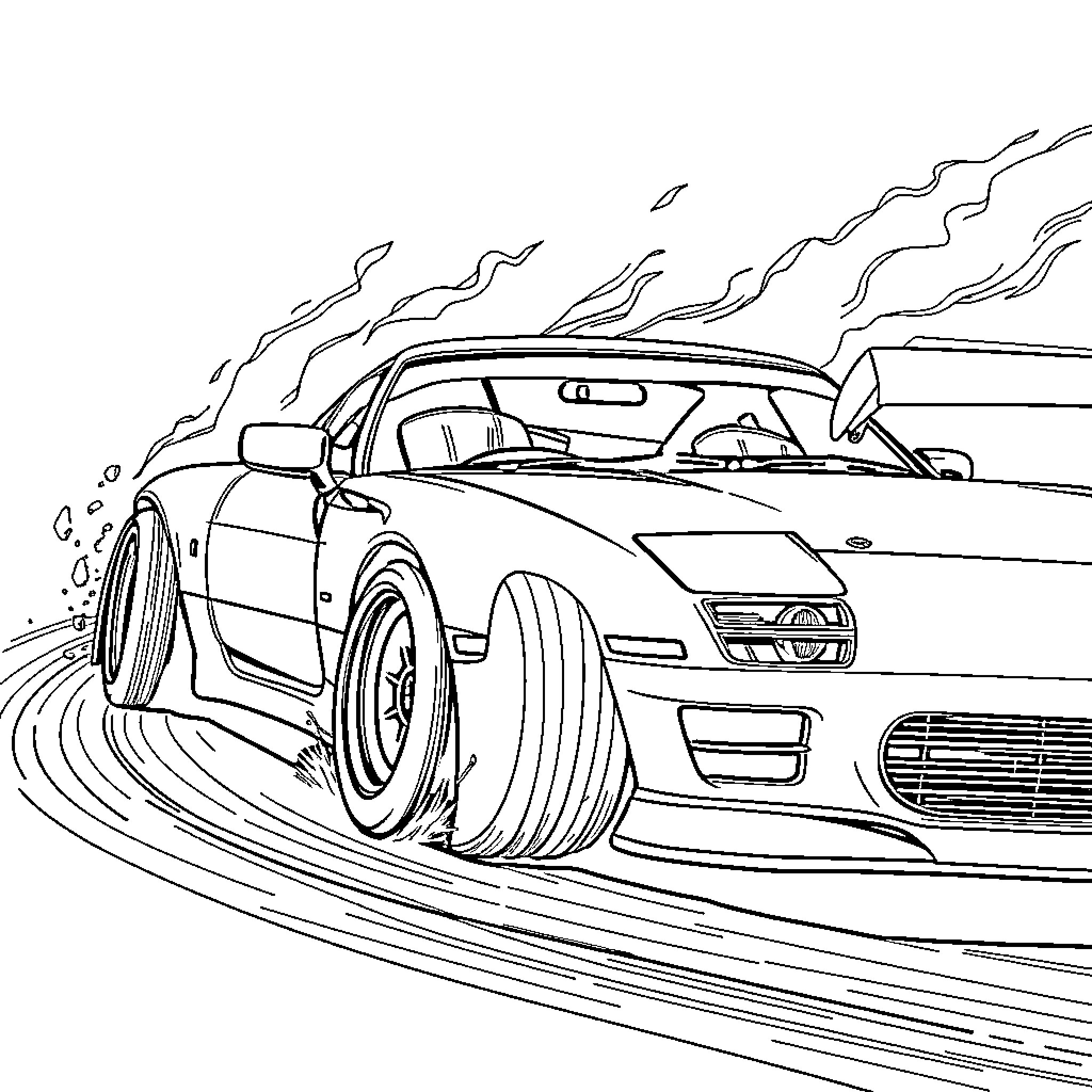 Mazda sports car speeding on the road Coloring Page (free black-and-white line drawing printable PDF for all, from beginners to advanced learners, including children, teens, adults, and seniors)