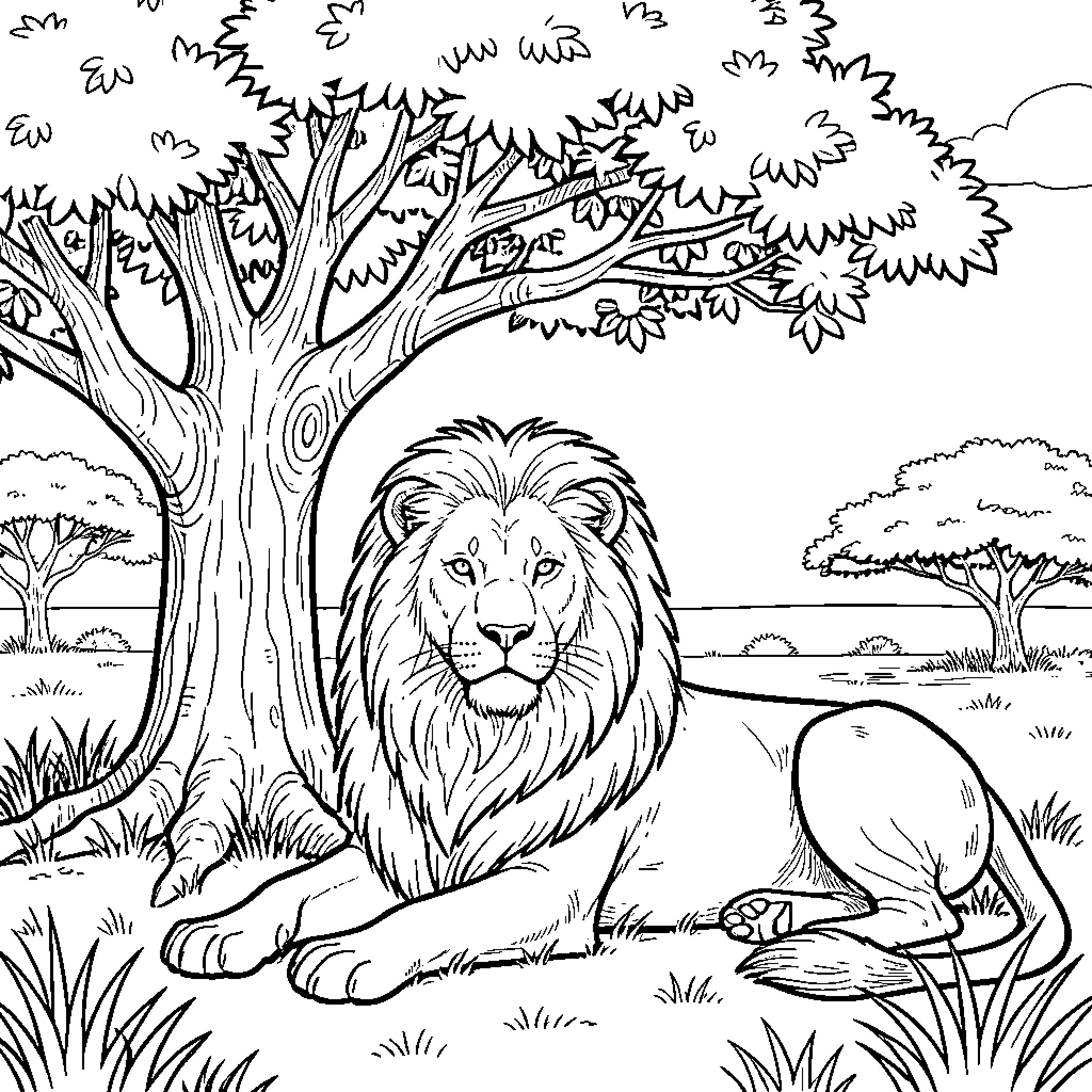 Lion resting peacefully in the serene wilderness Coloring Page (free black-and-white line drawing printable PDF for all, from beginners to advanced learners, including children, teens, adults, and seniors)