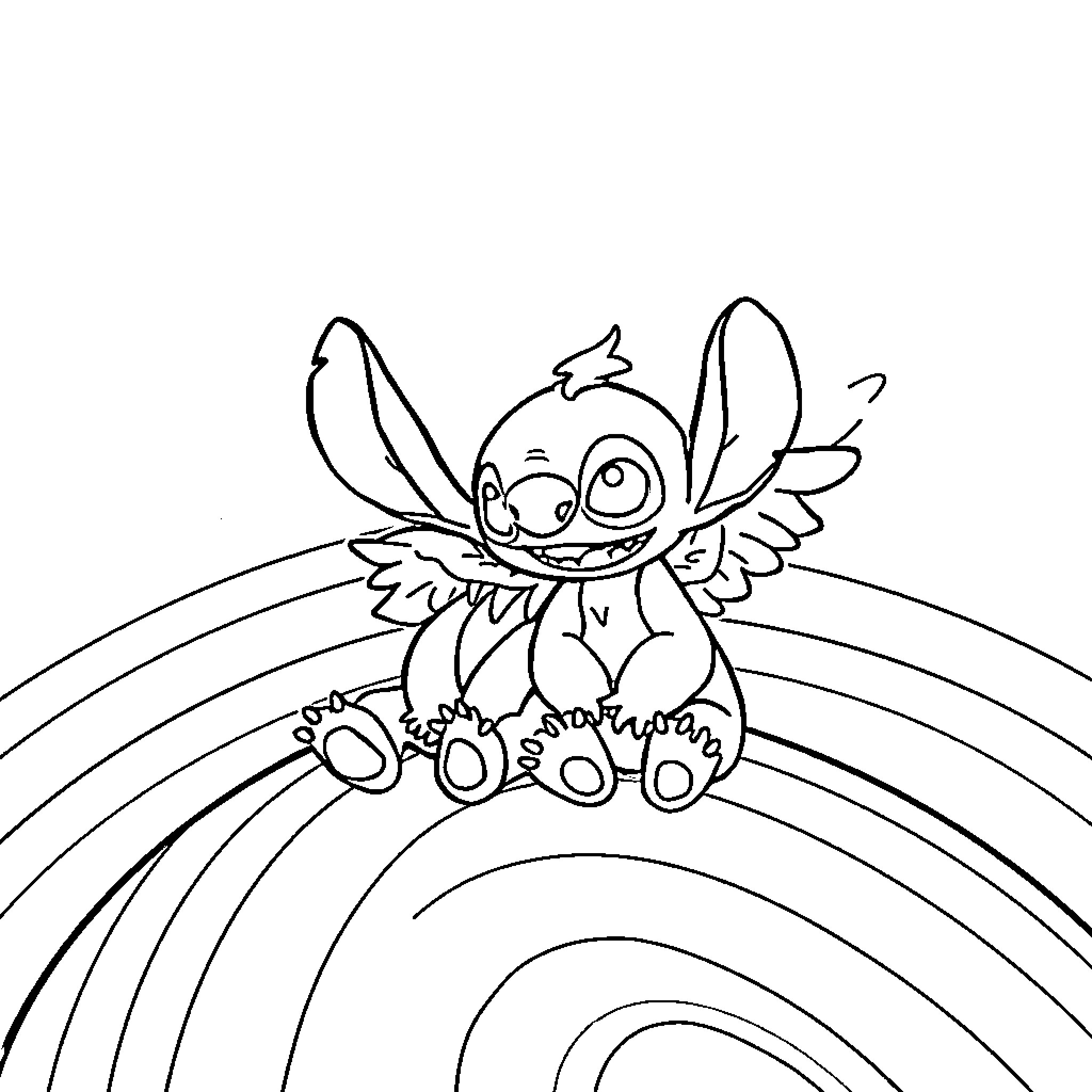 Angel-like Creature Sitting Atop a Colorful Rainbow Coloring Page (free black-and-white line drawing printable PDF for all, from beginners to advanced learners, including children, teens, adults, and seniors)