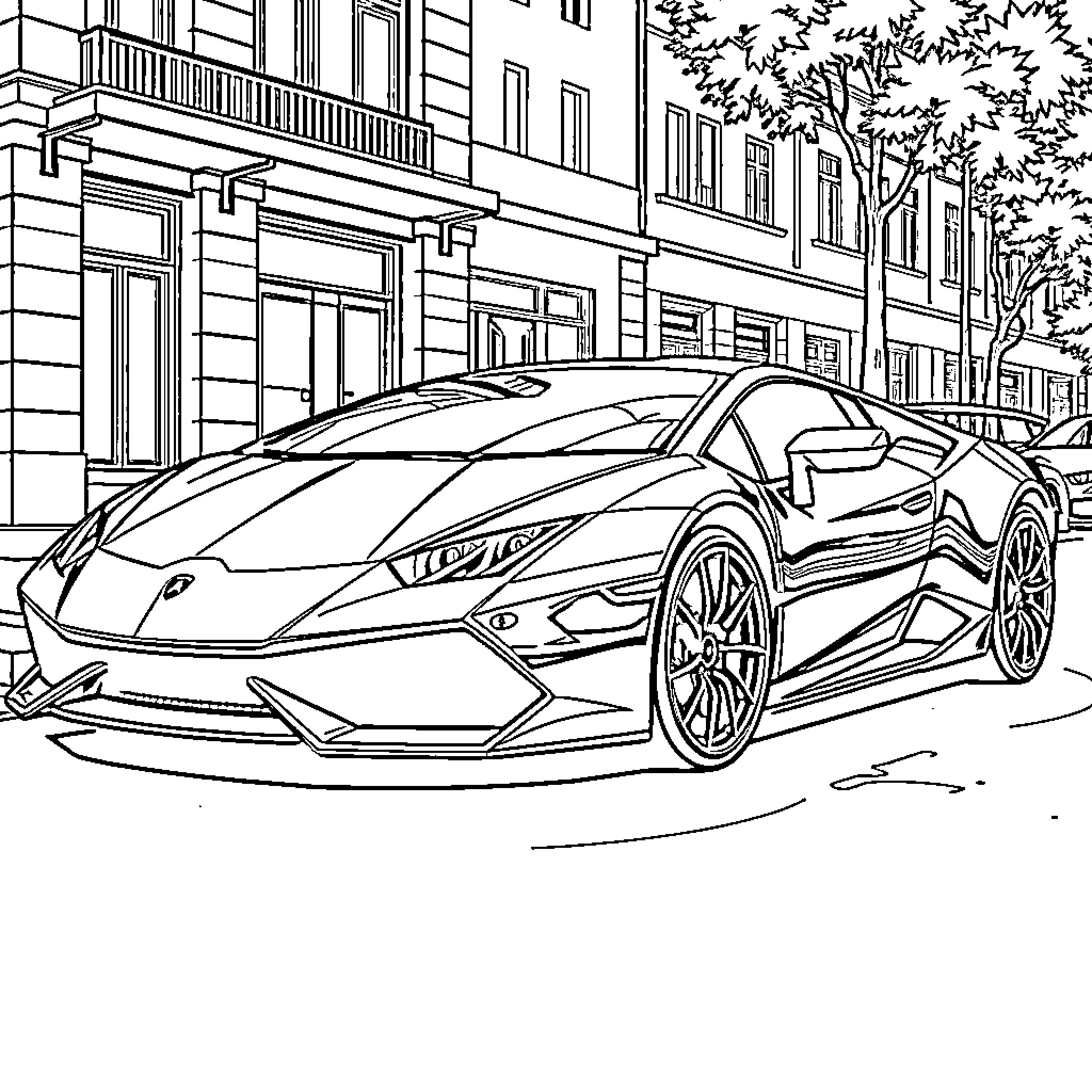 Lamborghini sports car on city street Coloring Page (free black-and-white line drawing printable PDF for all, from beginners to advanced learners, including children, teens, adults, and seniors)